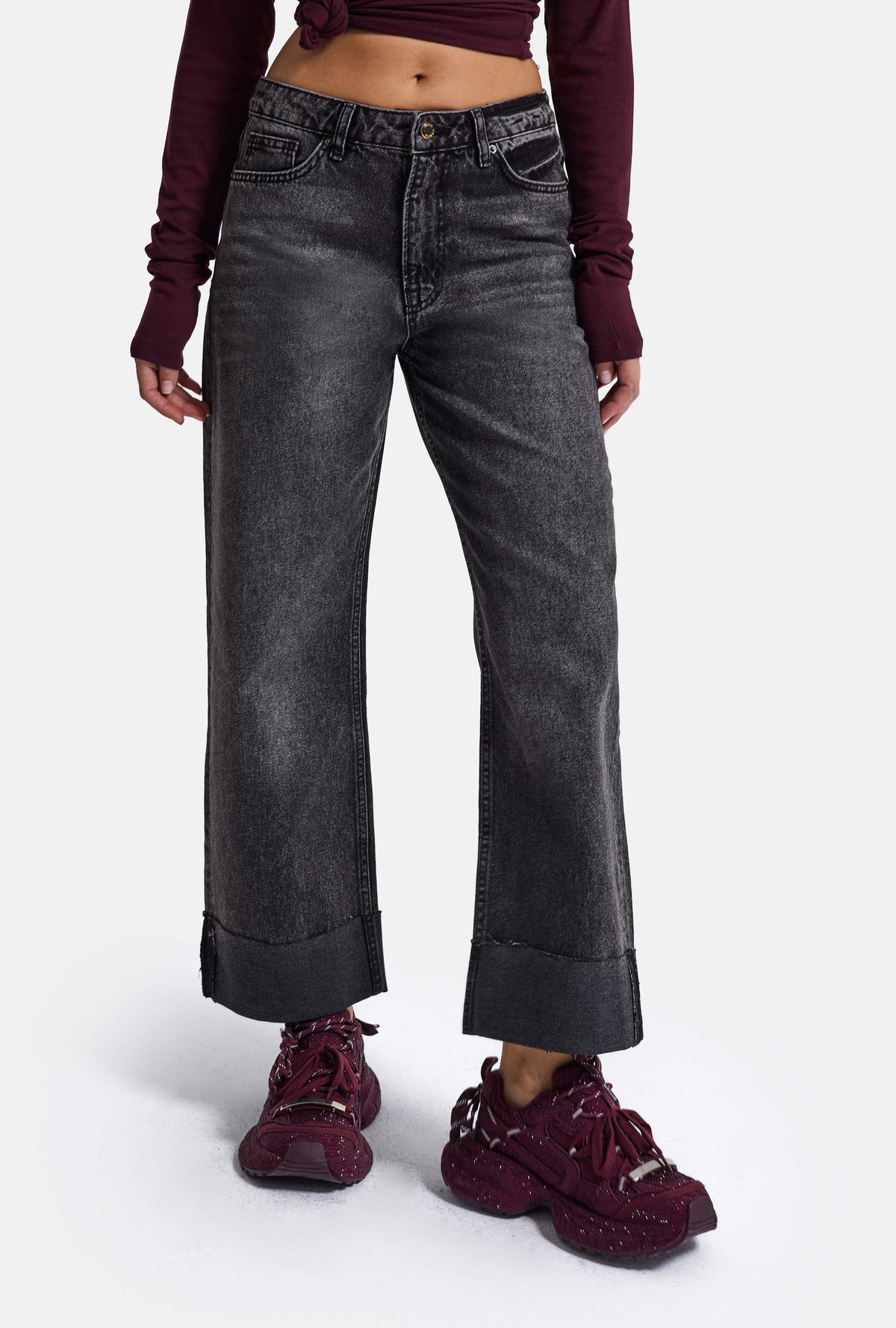 Kadın Koyu Füme 4w6-14 Relaxed Fit Paça Detaylı Denim Jean