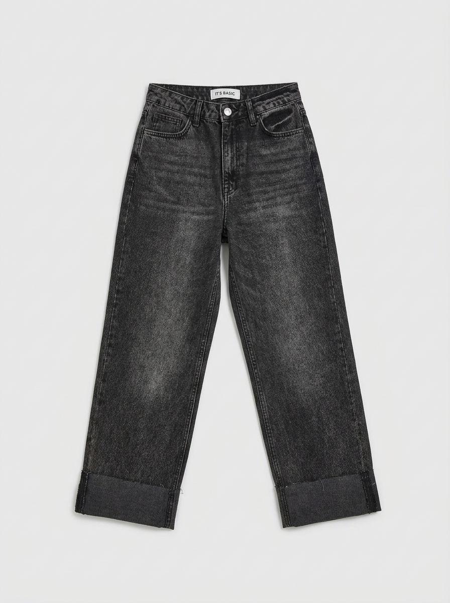 Kadın Koyu Füme 4w6-14 Relaxed Fit Paça Detaylı Denim Jean