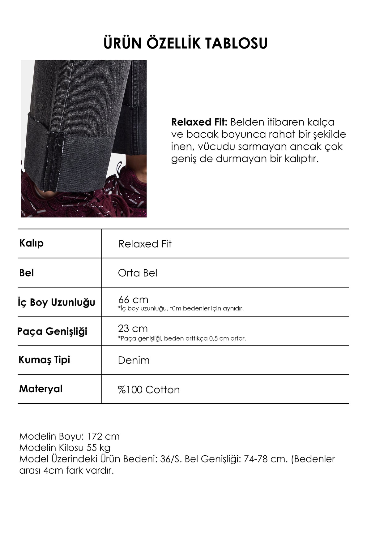 Kadın Koyu Füme 4w6-14 Relaxed Fit Paça Detaylı Denim Jean