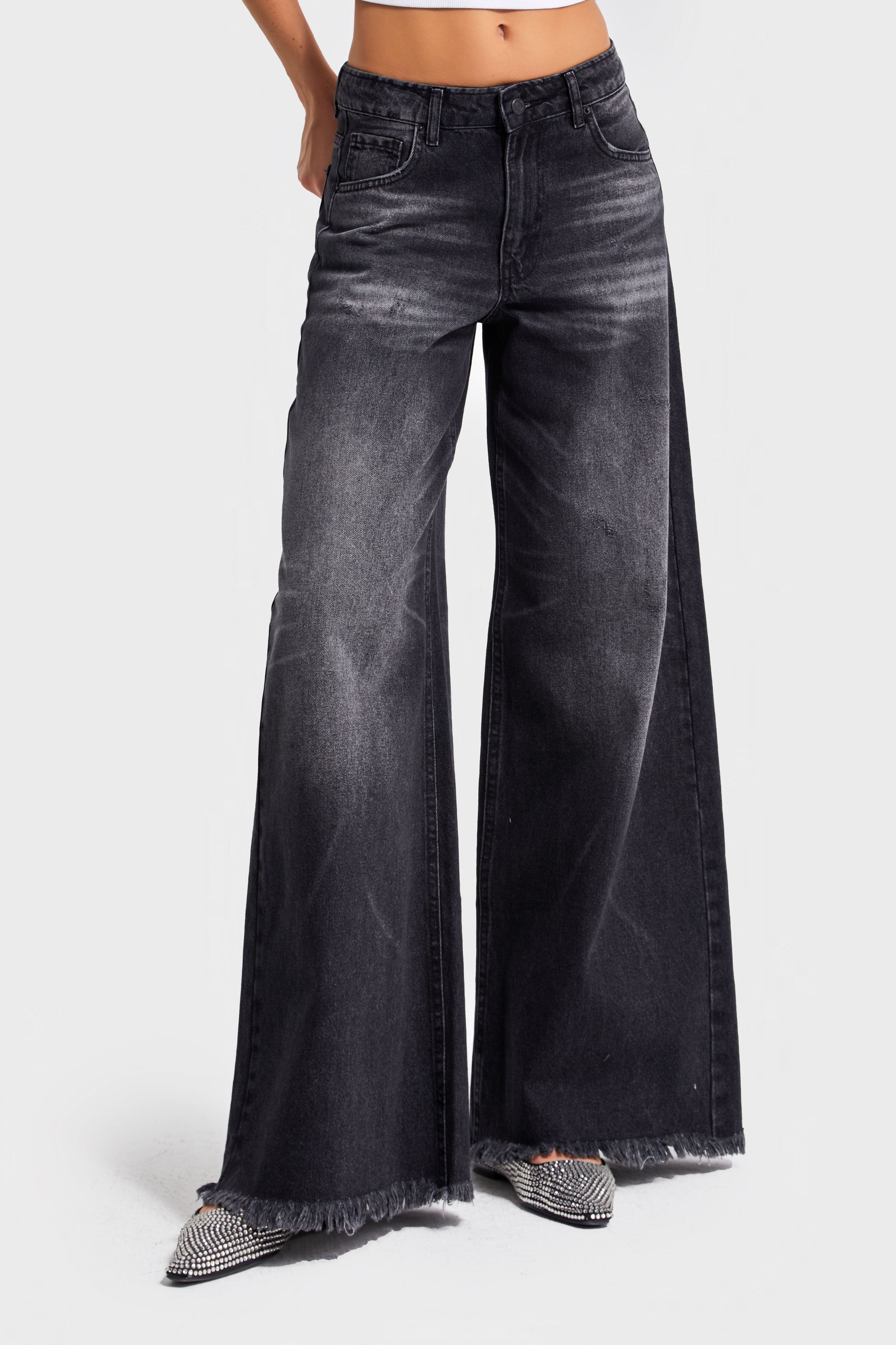 Kadın Koyu Füme Renk 12s5-1 Palazzo Fit Paça Detaylı İç Boy 80cm %100 Koton Denim Jean