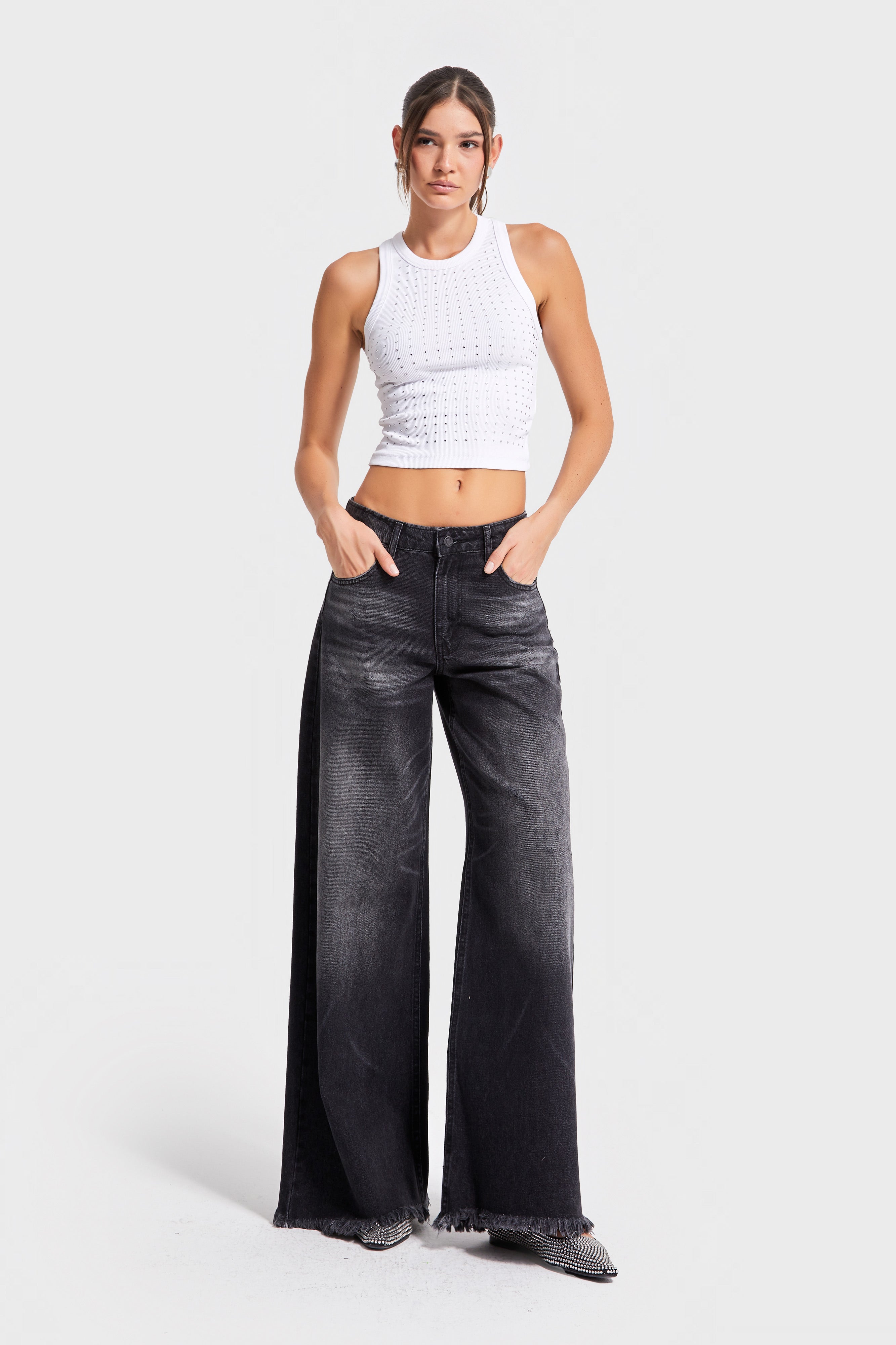 Kadın Koyu Füme Renk 12s5-1 Palazzo Fit Paça Detaylı İç Boy 80cm %100 Koton Denim Jean