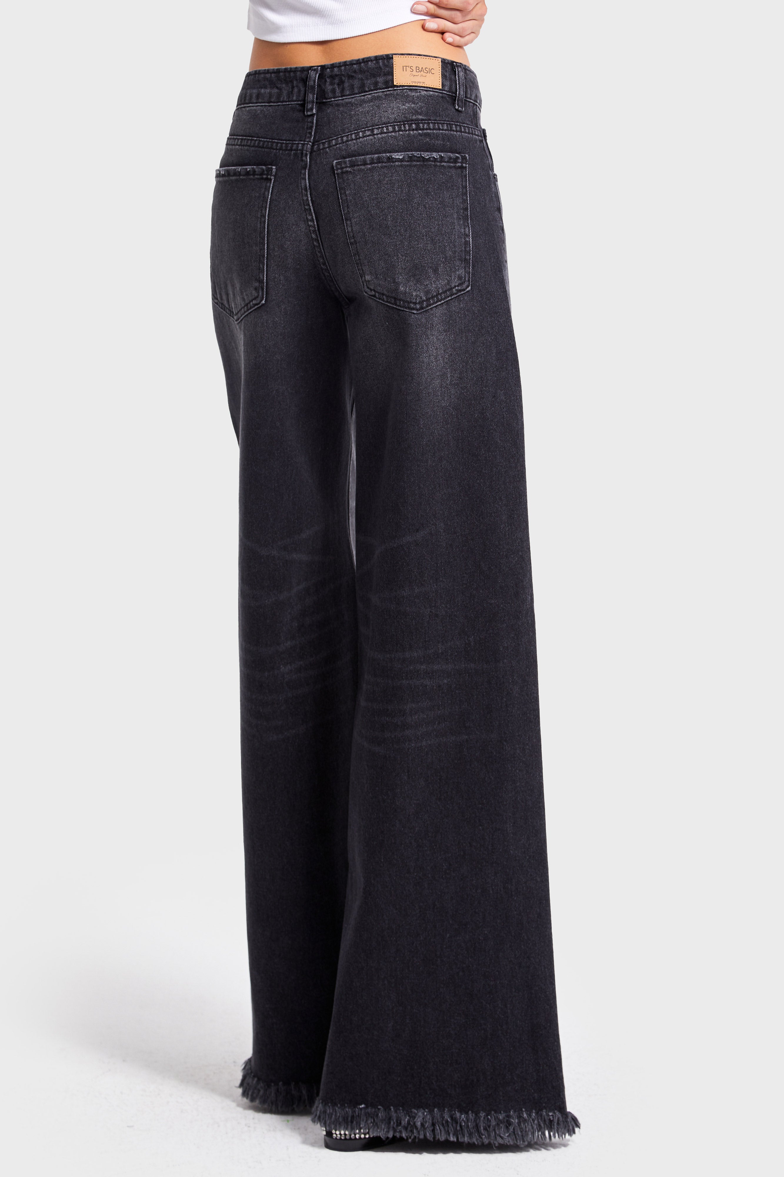Kadın Koyu Füme Renk 12s5-1 Palazzo Fit Paça Detaylı İç Boy 80cm %100 Koton Denim Jean