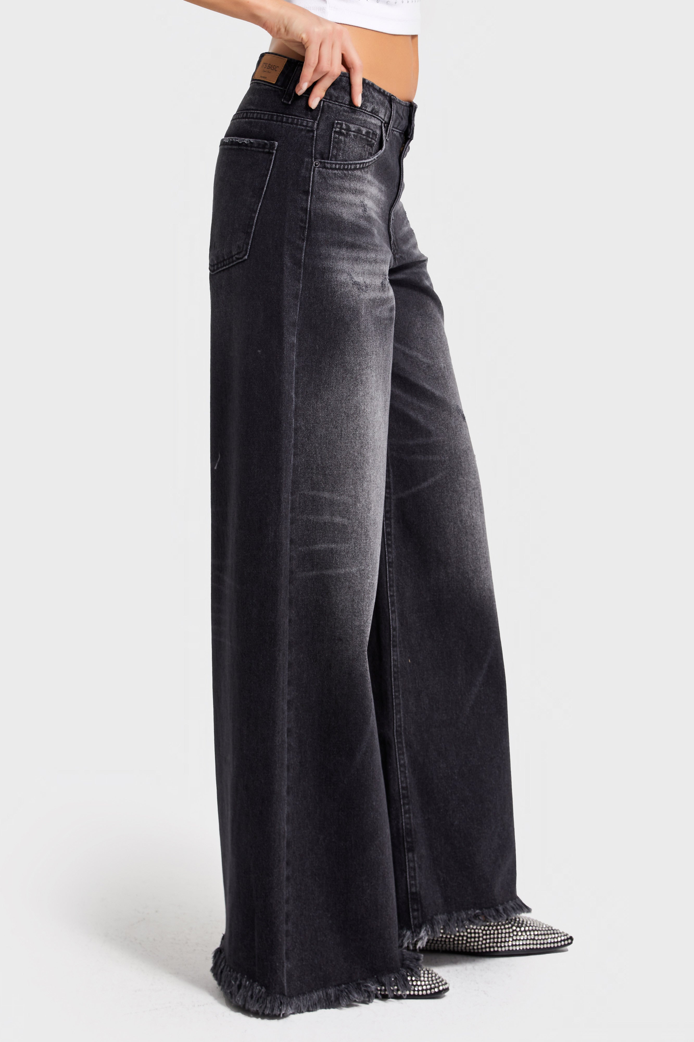 Kadın Koyu Füme Renk 12s5-1 Palazzo Fit Paça Detaylı İç Boy 80cm %100 Koton Denim Jean