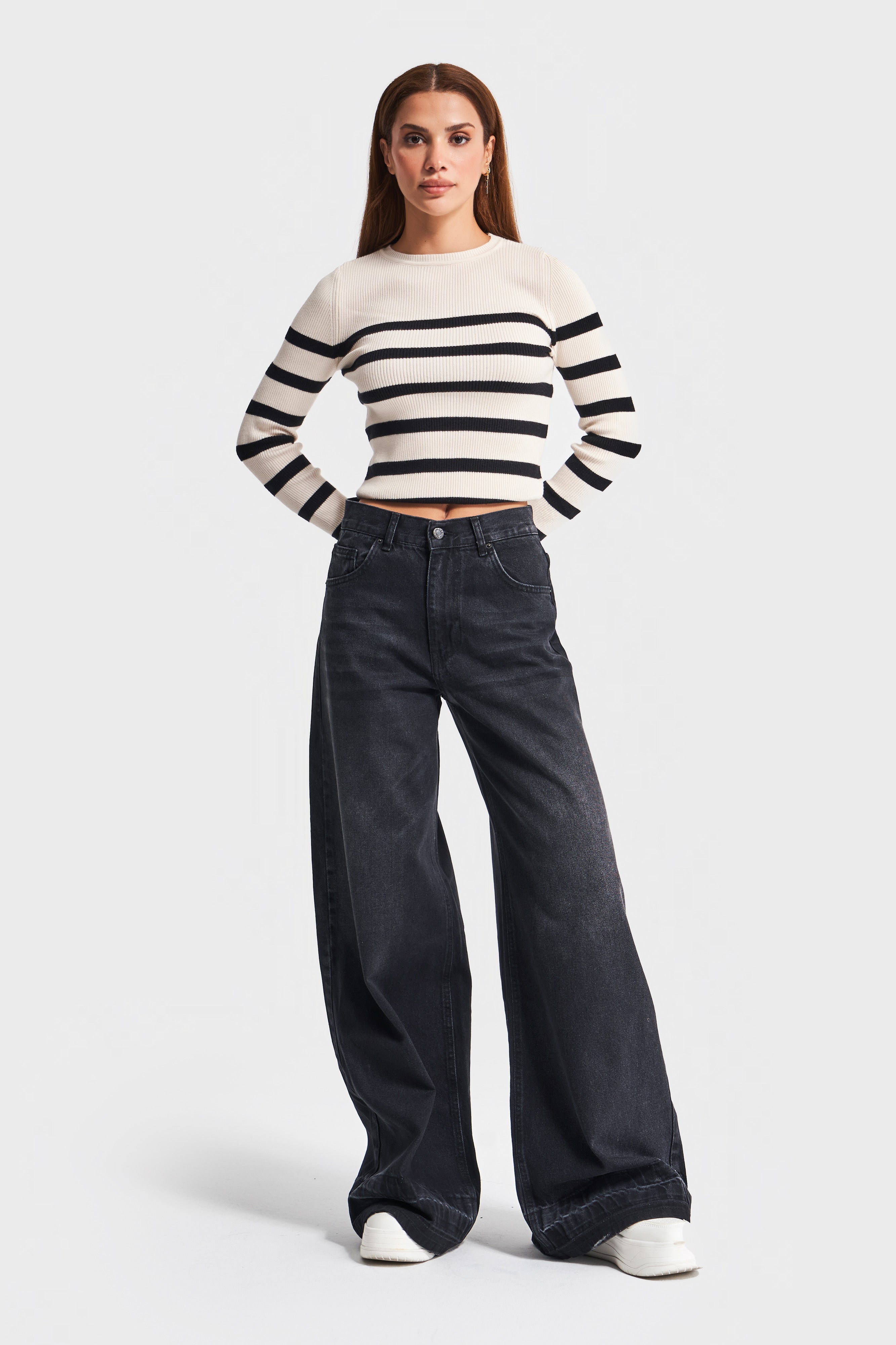 Women's Dark Smoke Color 17w41 Mid Waist Palazzo Fit Denim