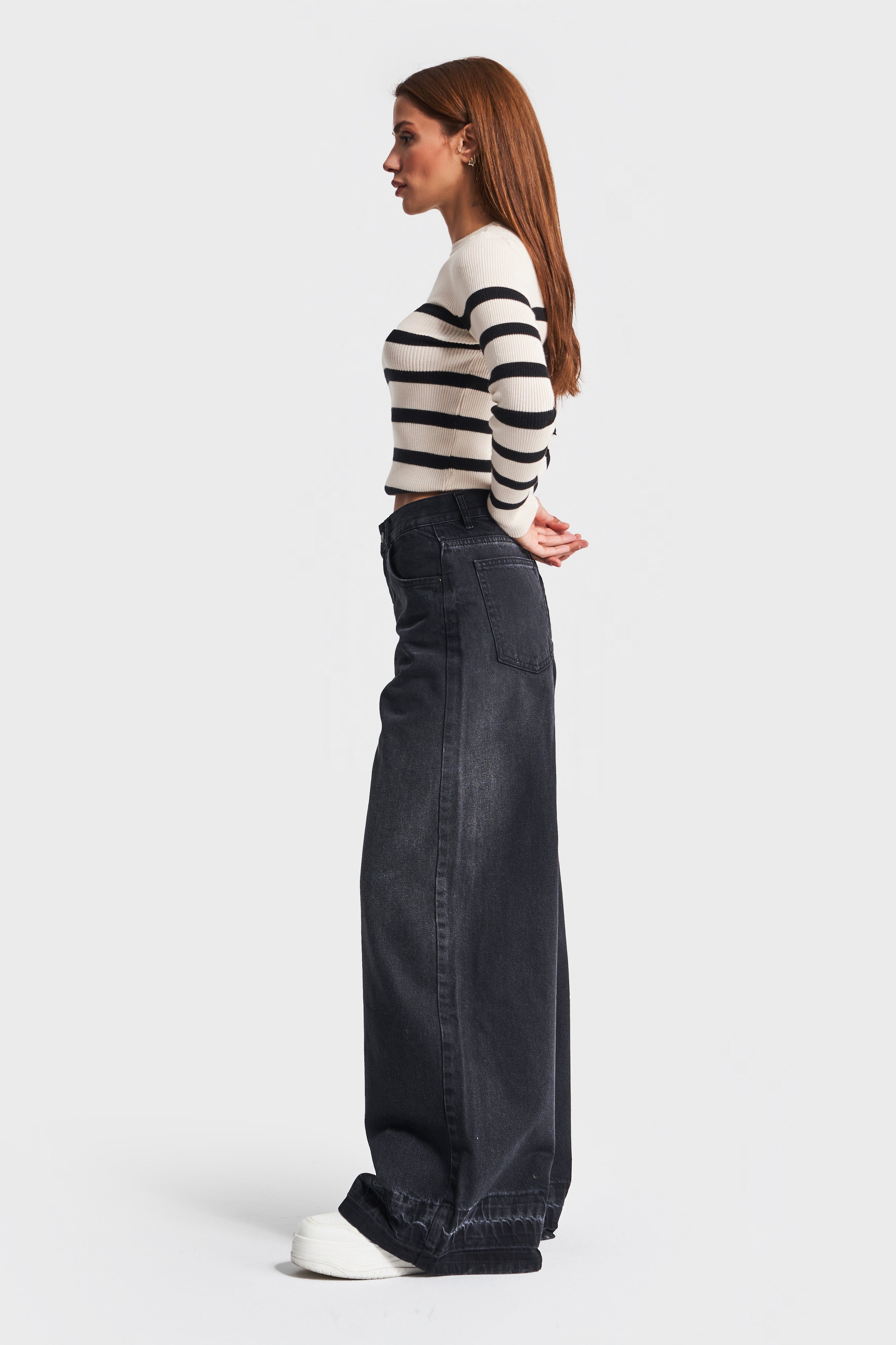 Women's Dark Smoke Color 17w41 Mid Waist Palazzo Fit Denim