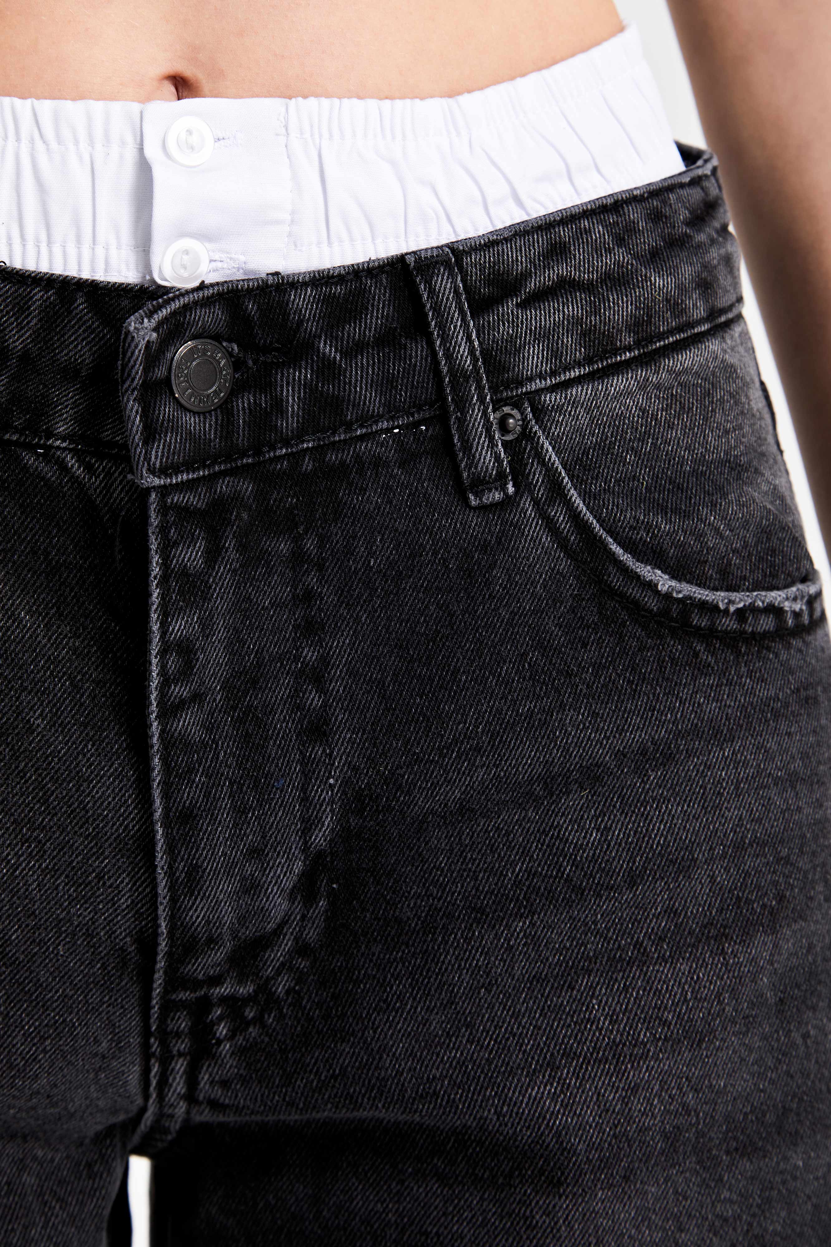 Kadın Koyu Füme Renk 2W4-1 Boxer Detaylı Palazzo Fit %100 Koton Denim