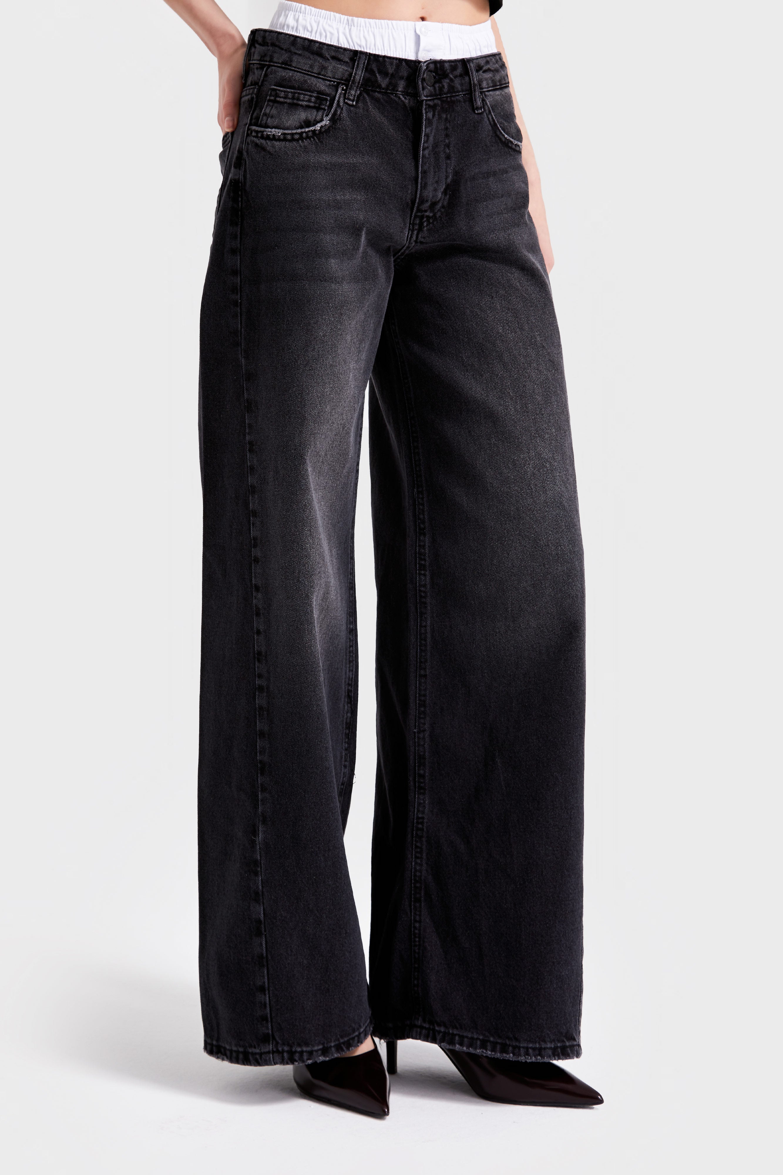 Kadın Koyu Füme Renk 2W4-1 Boxer Detaylı Palazzo Fit %100 Koton Denim