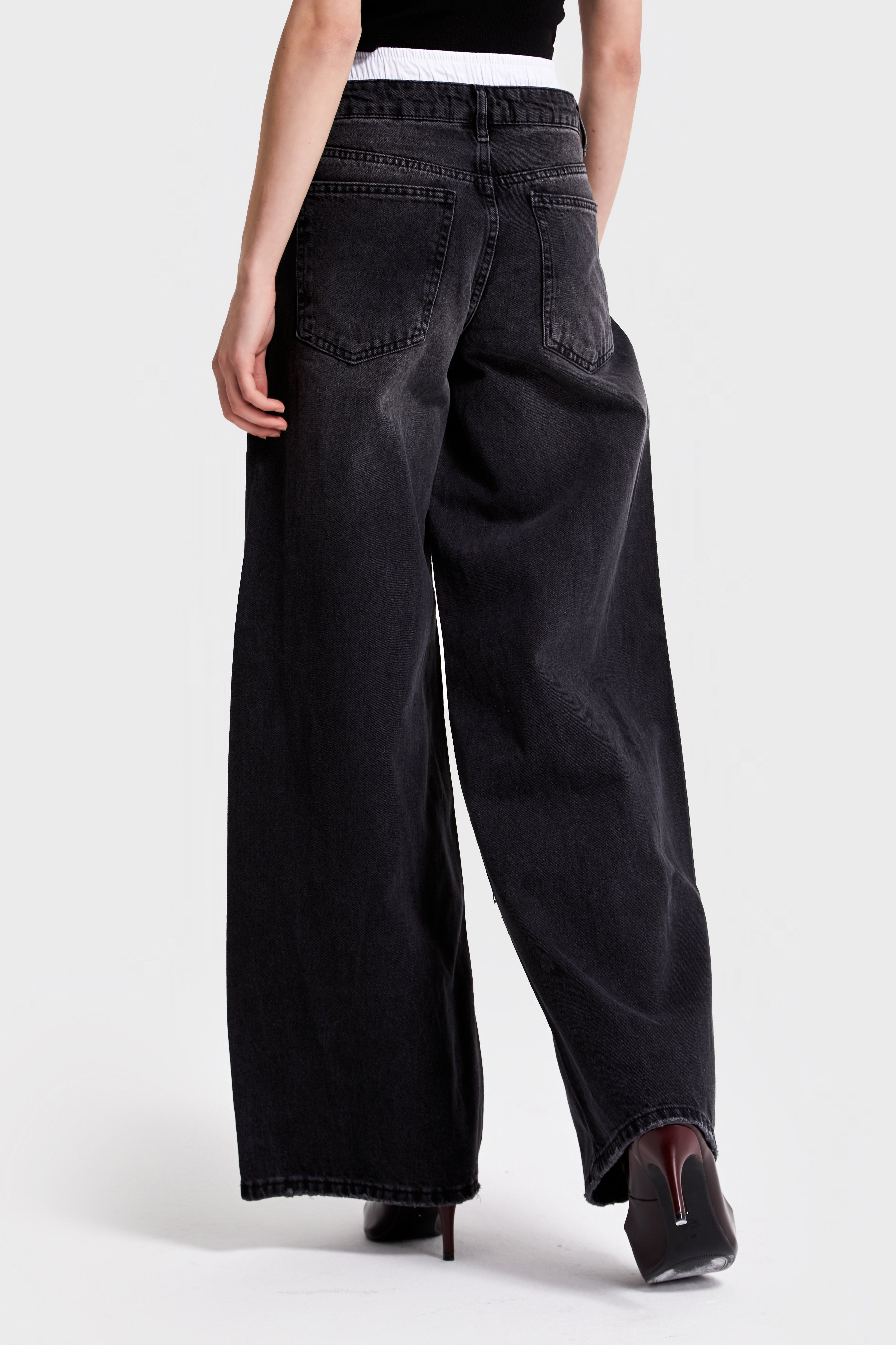 Kadın Koyu Füme Renk 2W4-1 Boxer Detaylı Palazzo Fit %100 Koton Denim
