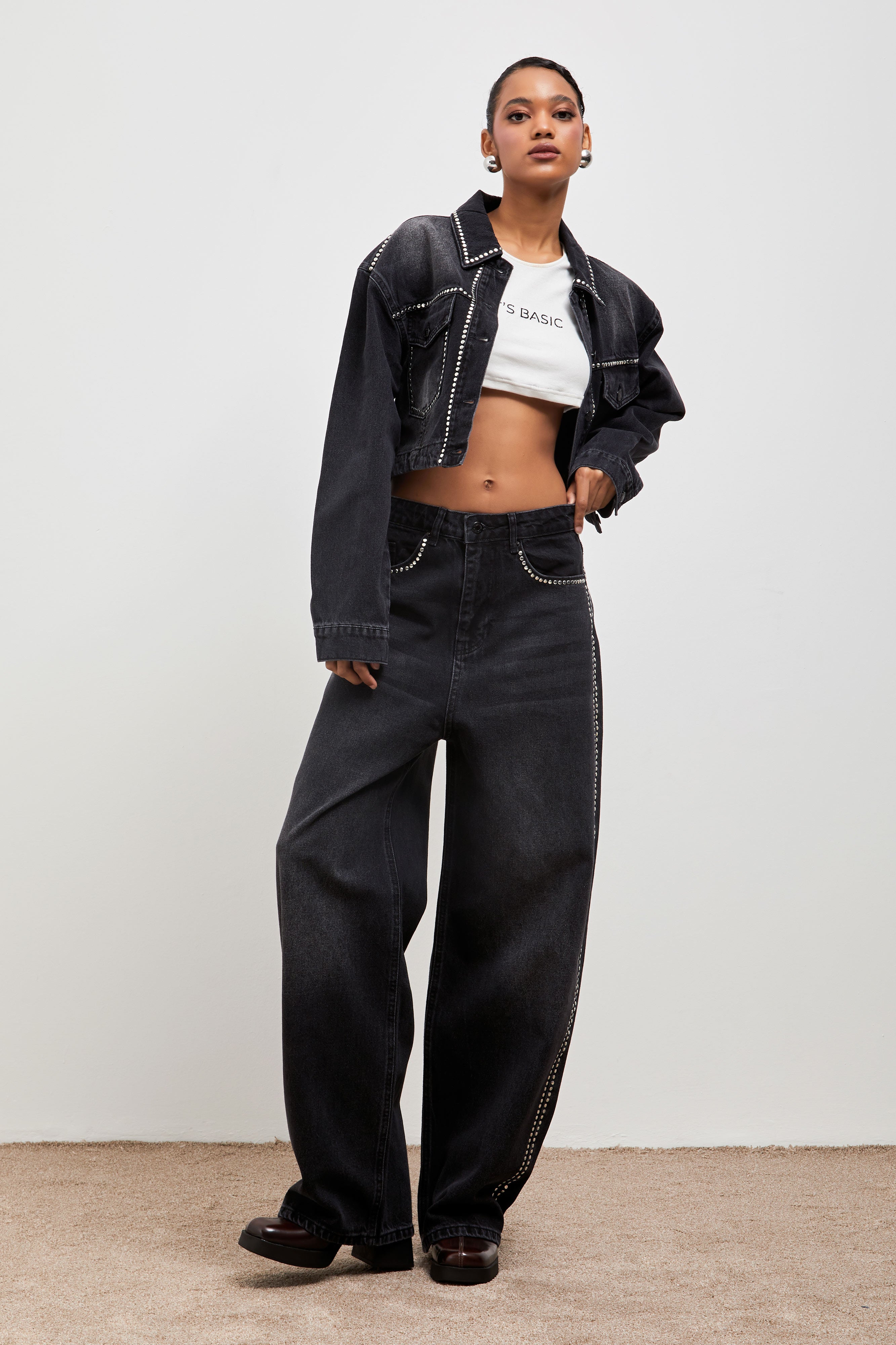 Women's Dark Smoke Color 2w41 Drop Detailed Baggy Fit Design Denim