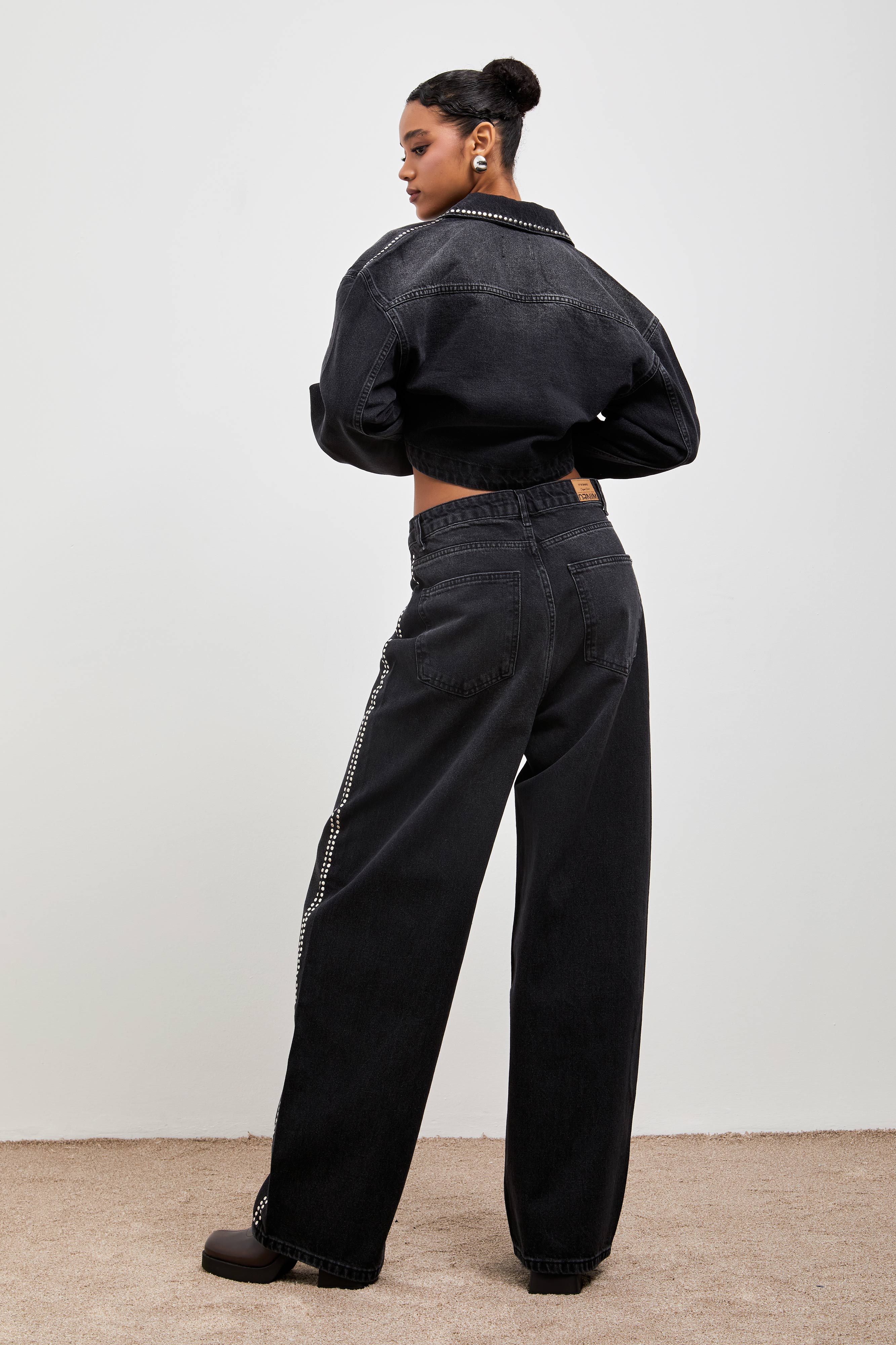 Women's Dark Smoke Color 2w41 Drop Detailed Baggy Fit Design Denim