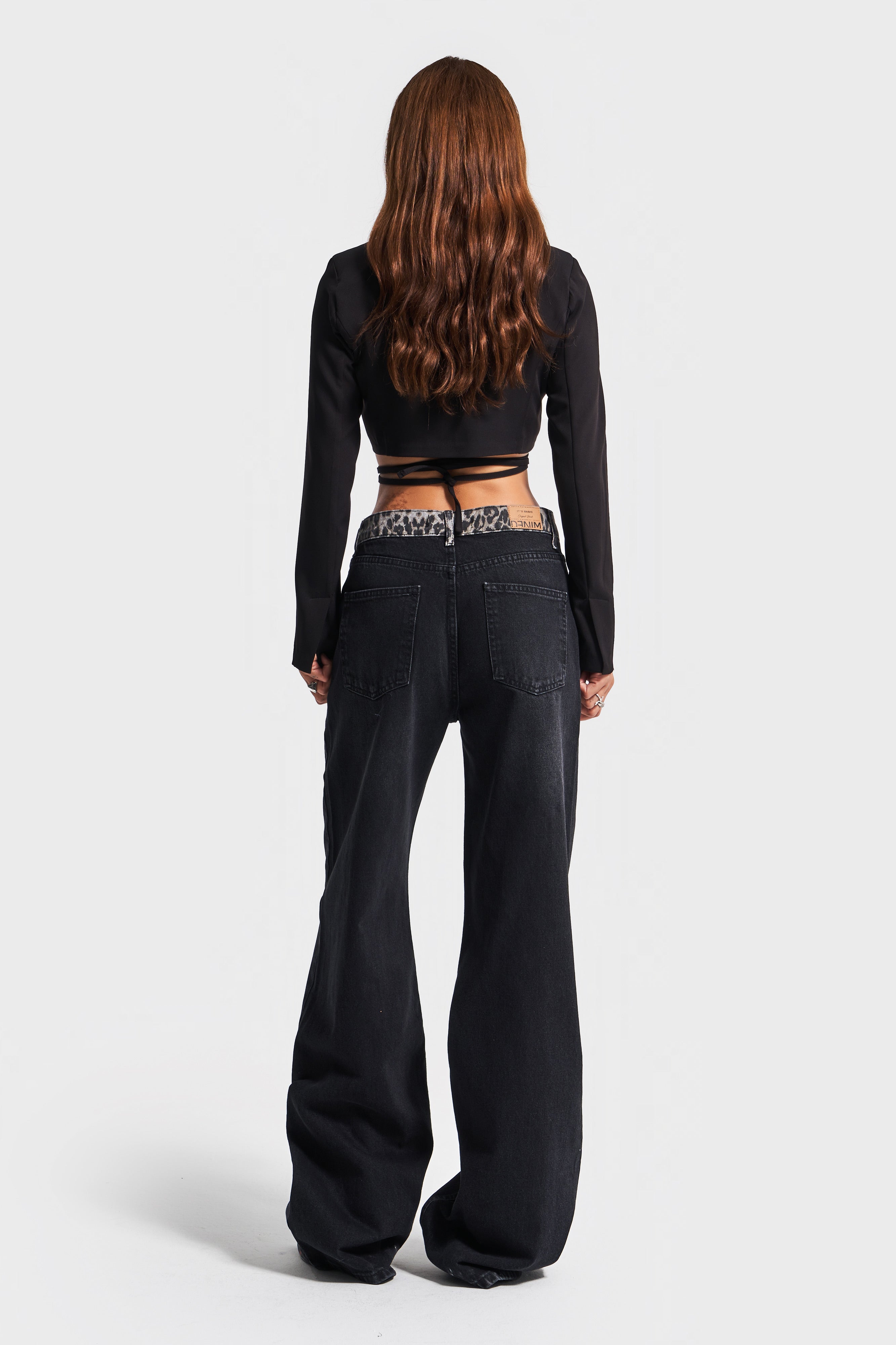 Women's Dark Smoke Color 2w41 Midrise Wideleg Leopard Print Denim