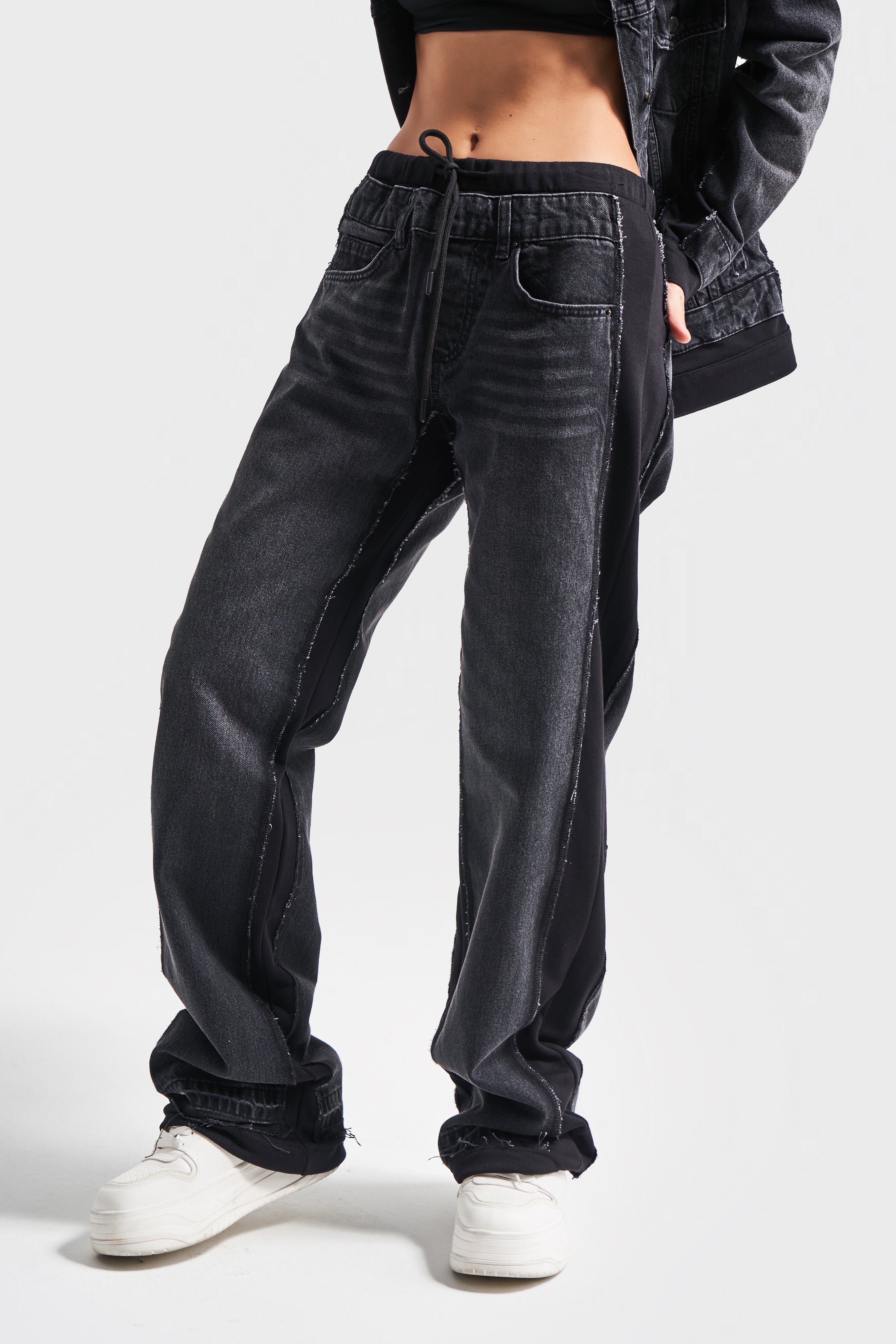 Women's Dark Smoke Color 2w41 Knitted Denim Blend Loose Fit Design Denim
