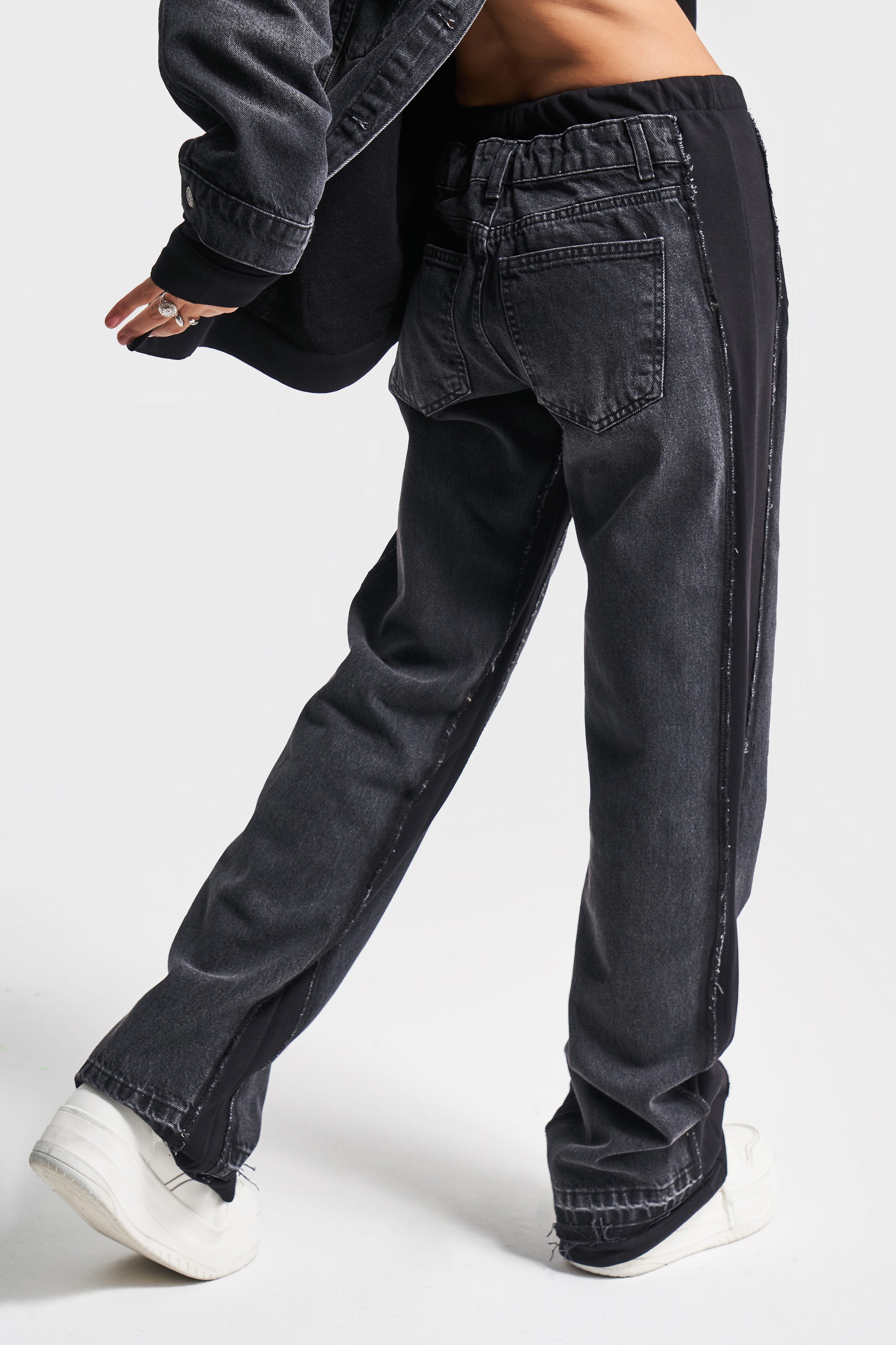 Women's Dark Smoke Color 2w41 Knitted Denim Blend Loose Fit Design Denim