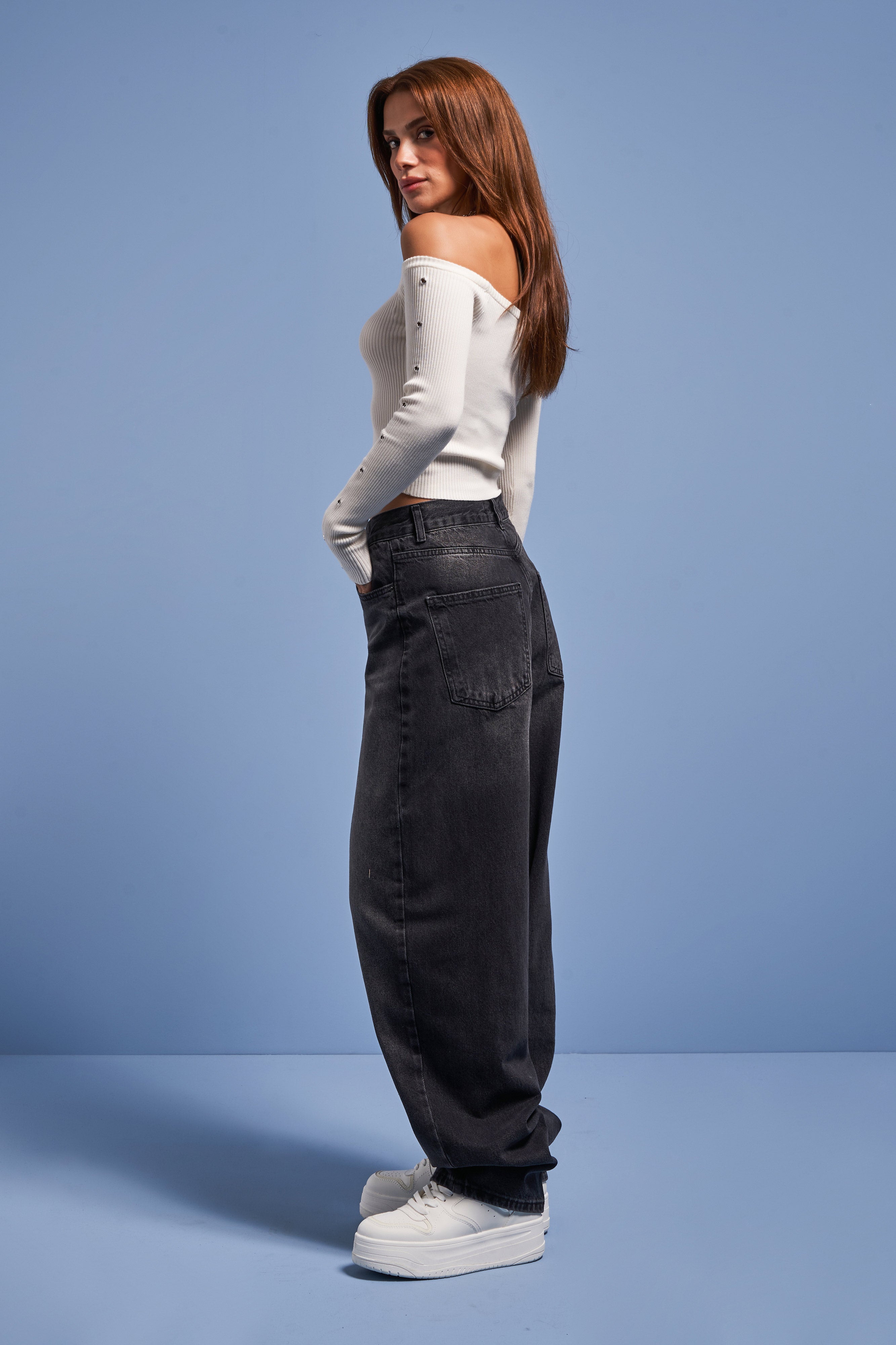 Women's Dark Smoke Color 2w41 Skater Fit Loose Cut Denim