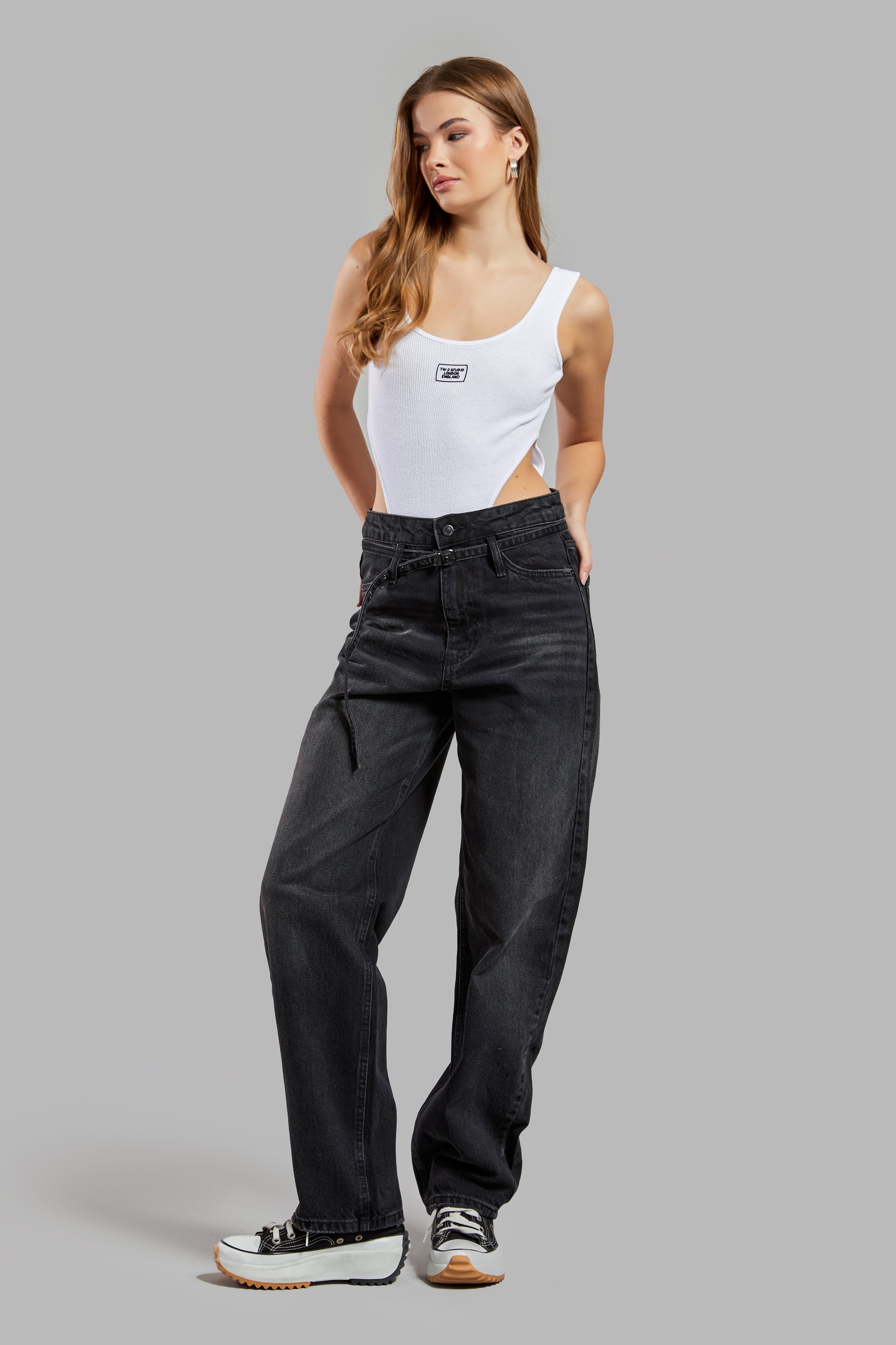 Women's Dark Smoke Color 2w41 Tailored Fit Belted 100% Cotton Denim
