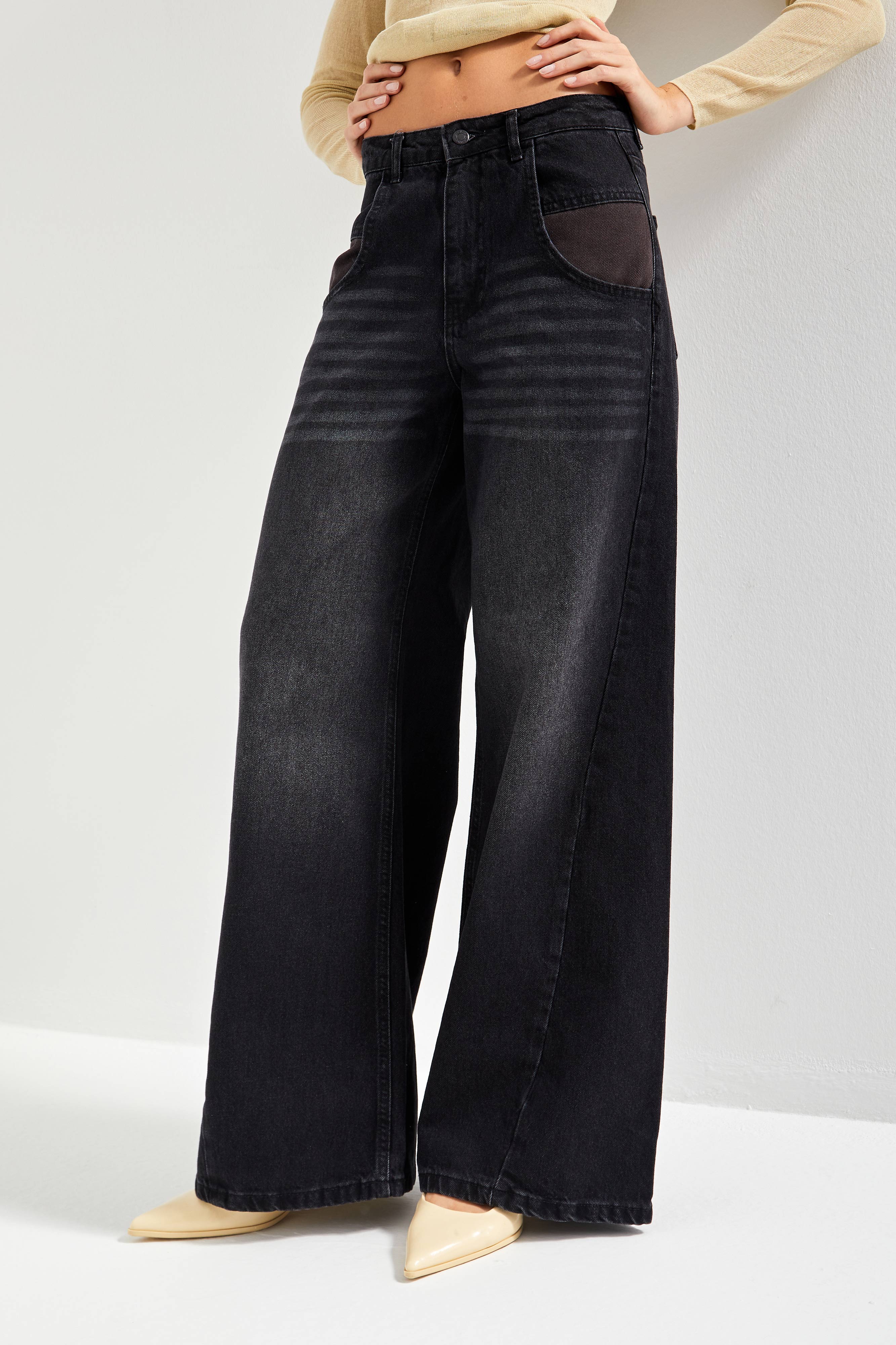 Kadın Koyu Füme Renk 2w5-1 Palazzo fit Bol Kesim Cep Detaylı %100 Koton Denim Jean