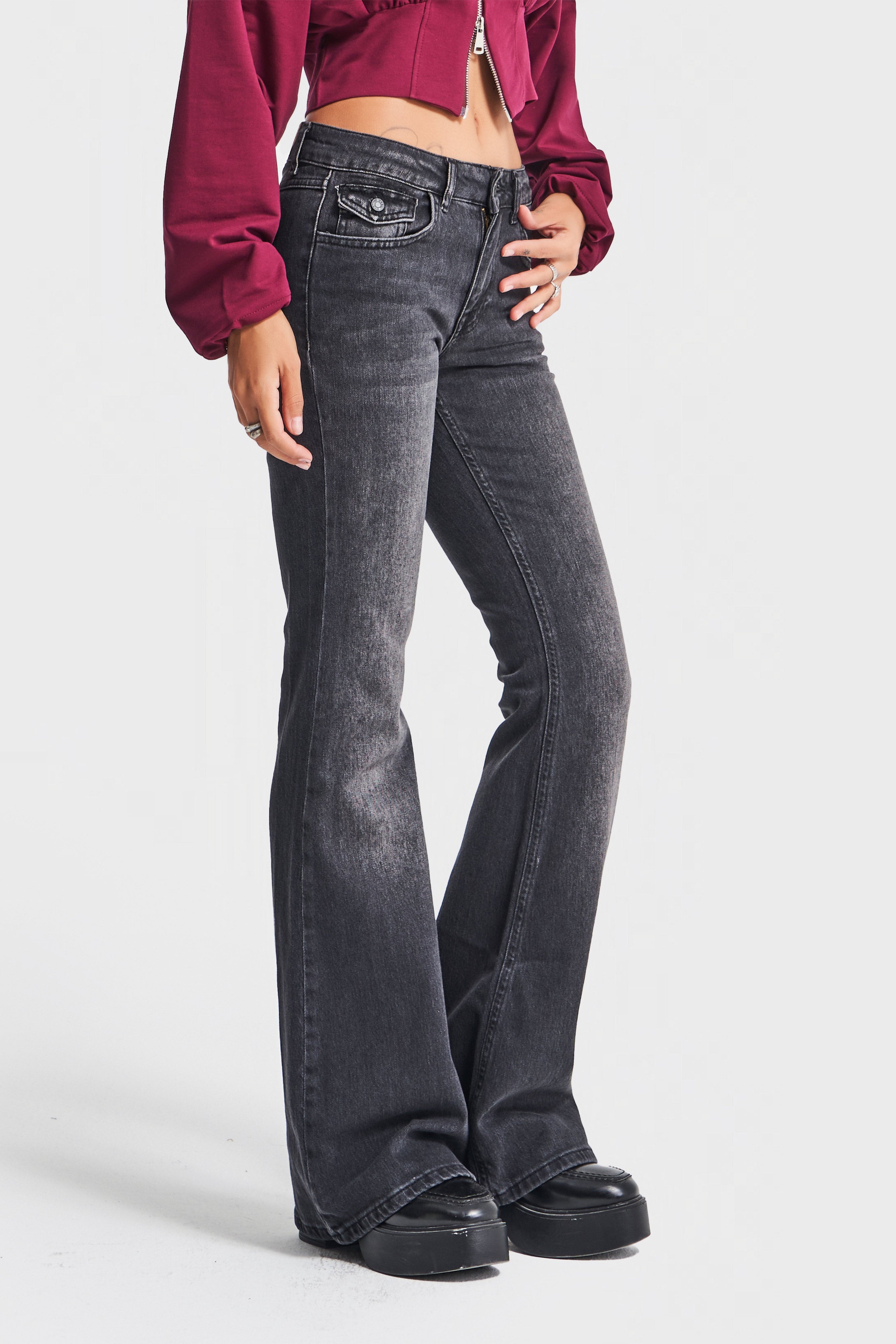 Kadın Koyu Füme Renk 2w5-1 SLN05 Midrise Flare Fit Esnek Kumaş İç Boy 83cm Denim Jean