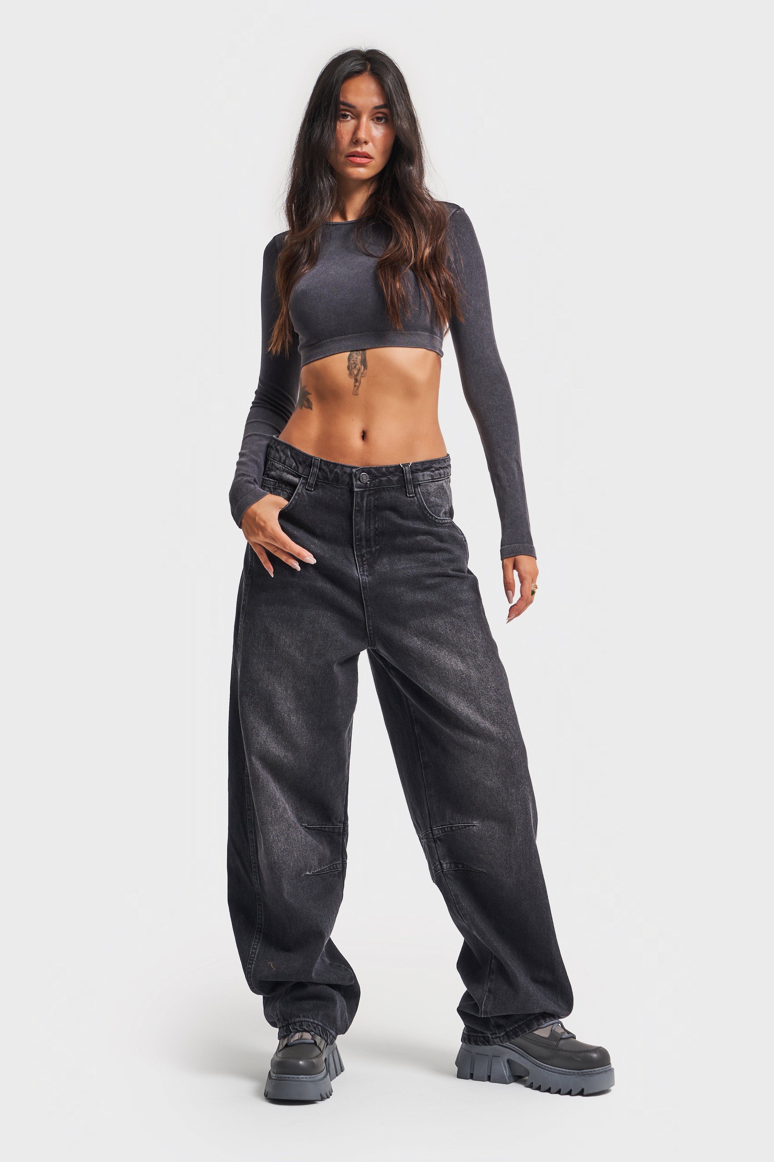 Women's Dark Smoke Color Baggy Fit Loose Cut Denim