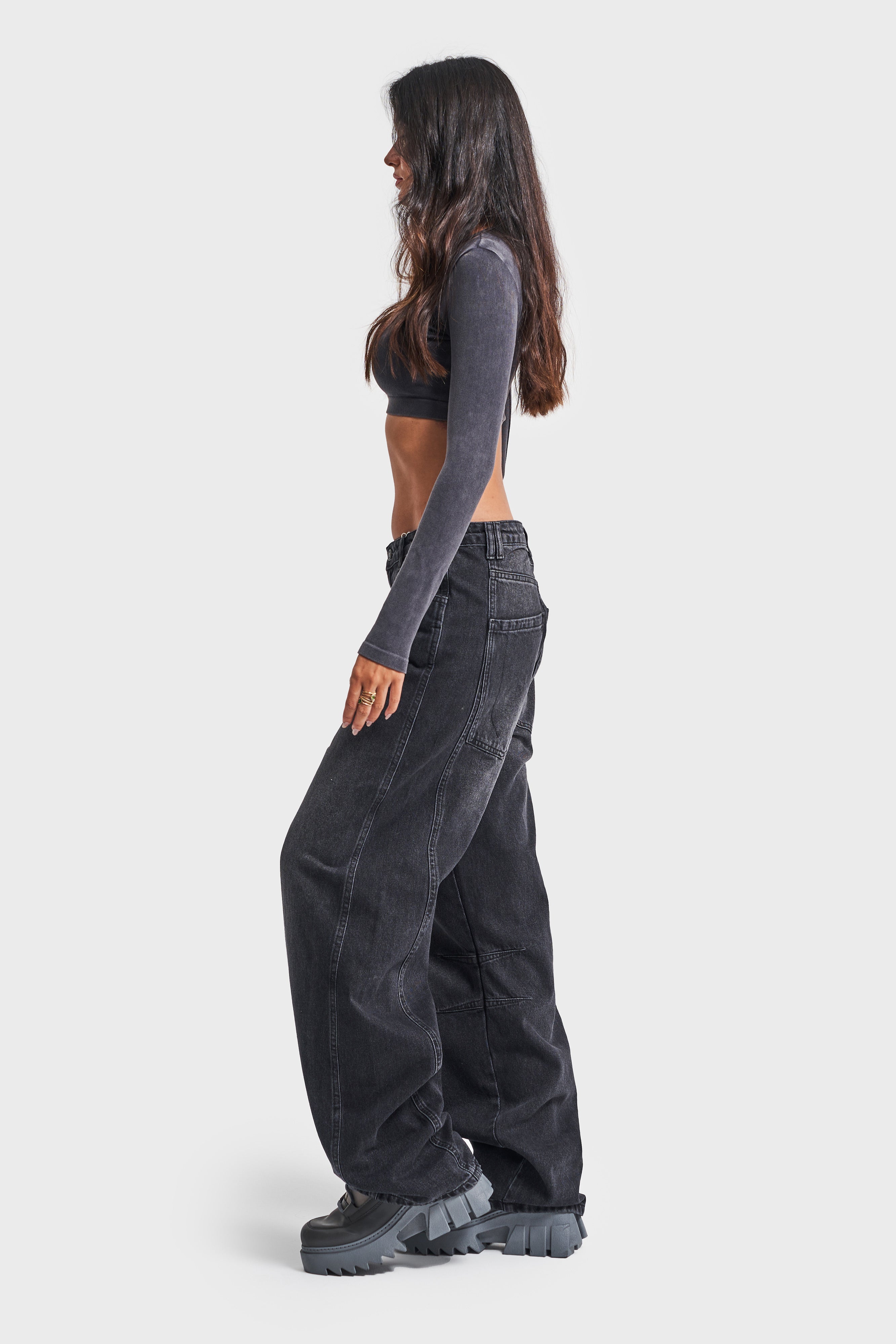 Women's Dark Smoke Color Baggy Fit Loose Cut Denim