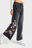 Women's Dark Smoked Floral Embroidered Culotte Fit Design Denim Jeans