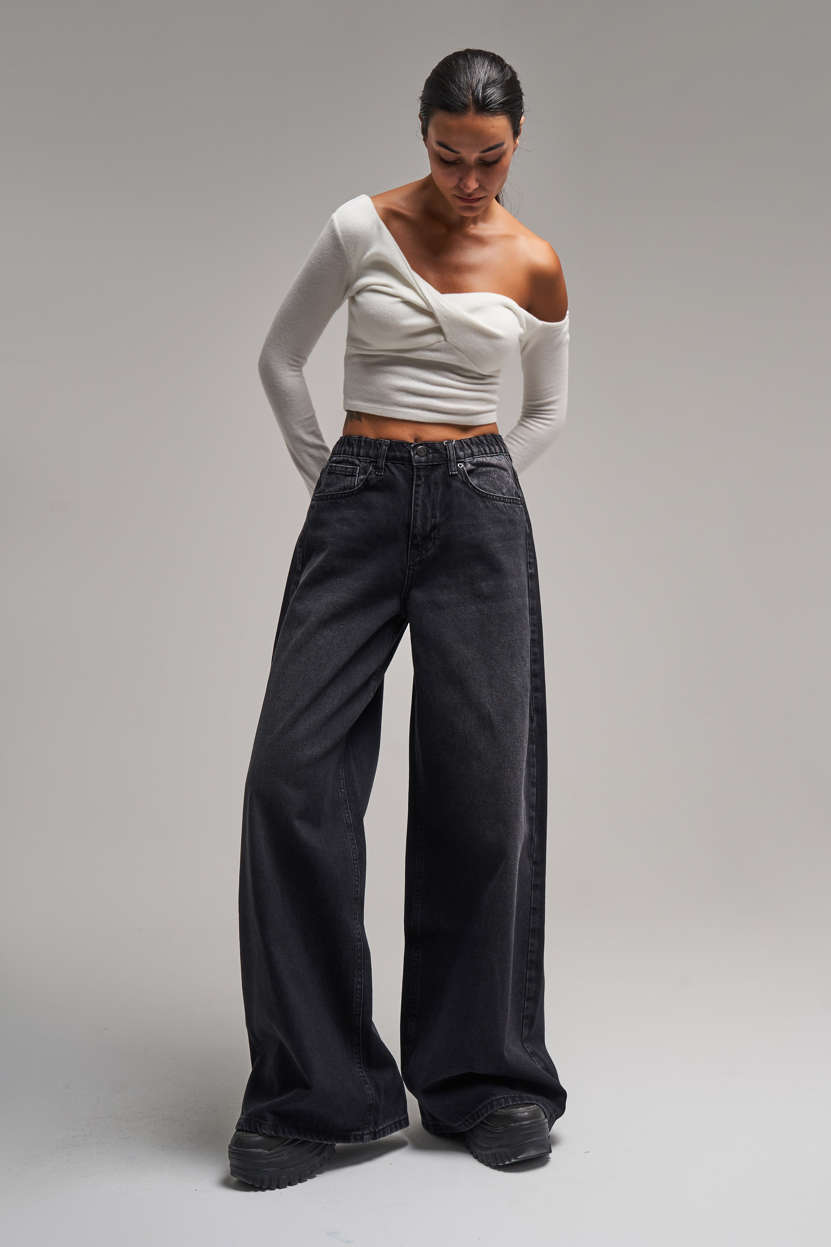 Women's Dark Smoke Color Palazzo Fit Elastic Waist Denim