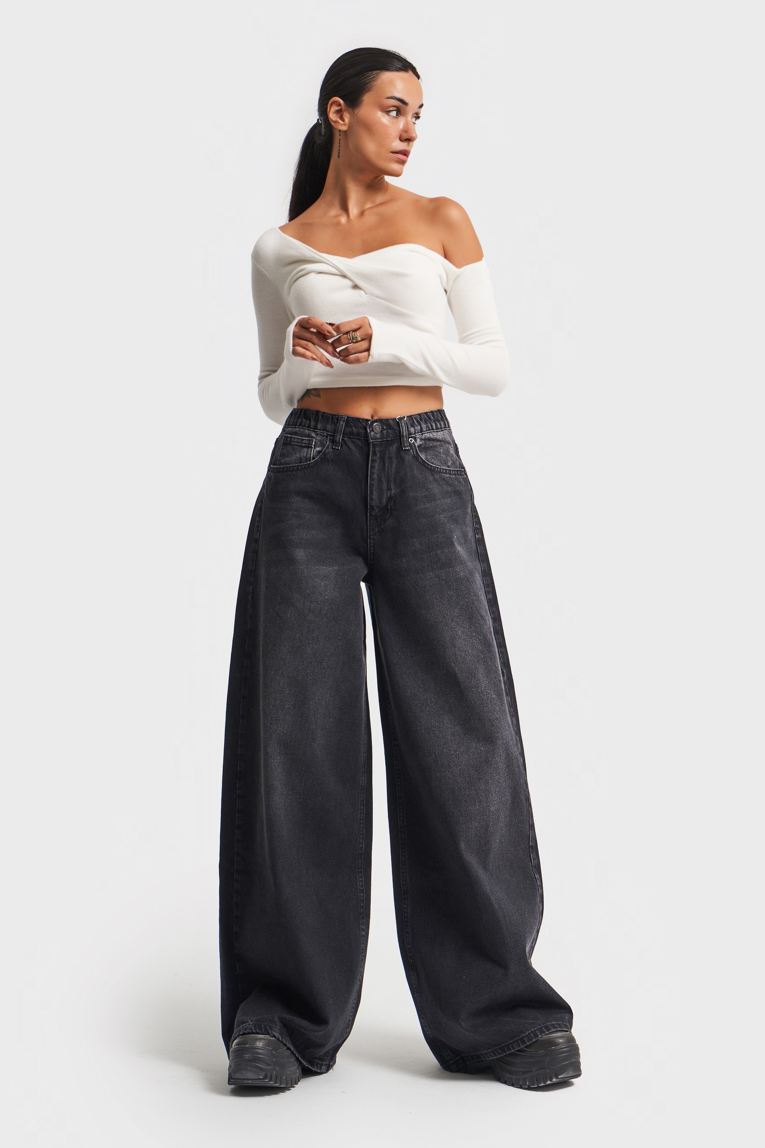 Women's Dark Smoke Color Palazzo Fit Elastic Waist Denim