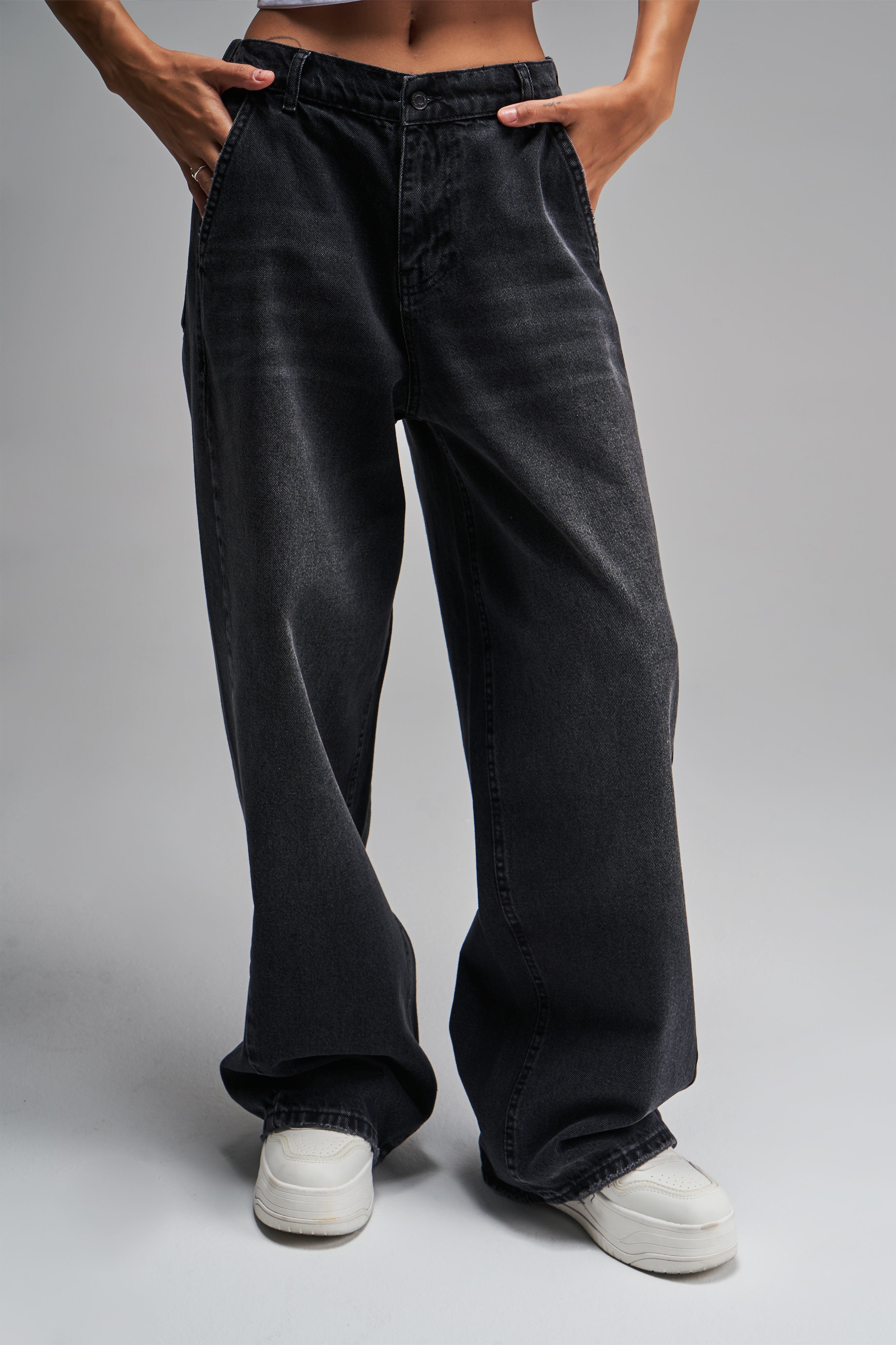 Women's Dark Smoke Color Skater Balloon Fit Mid Waist Denim