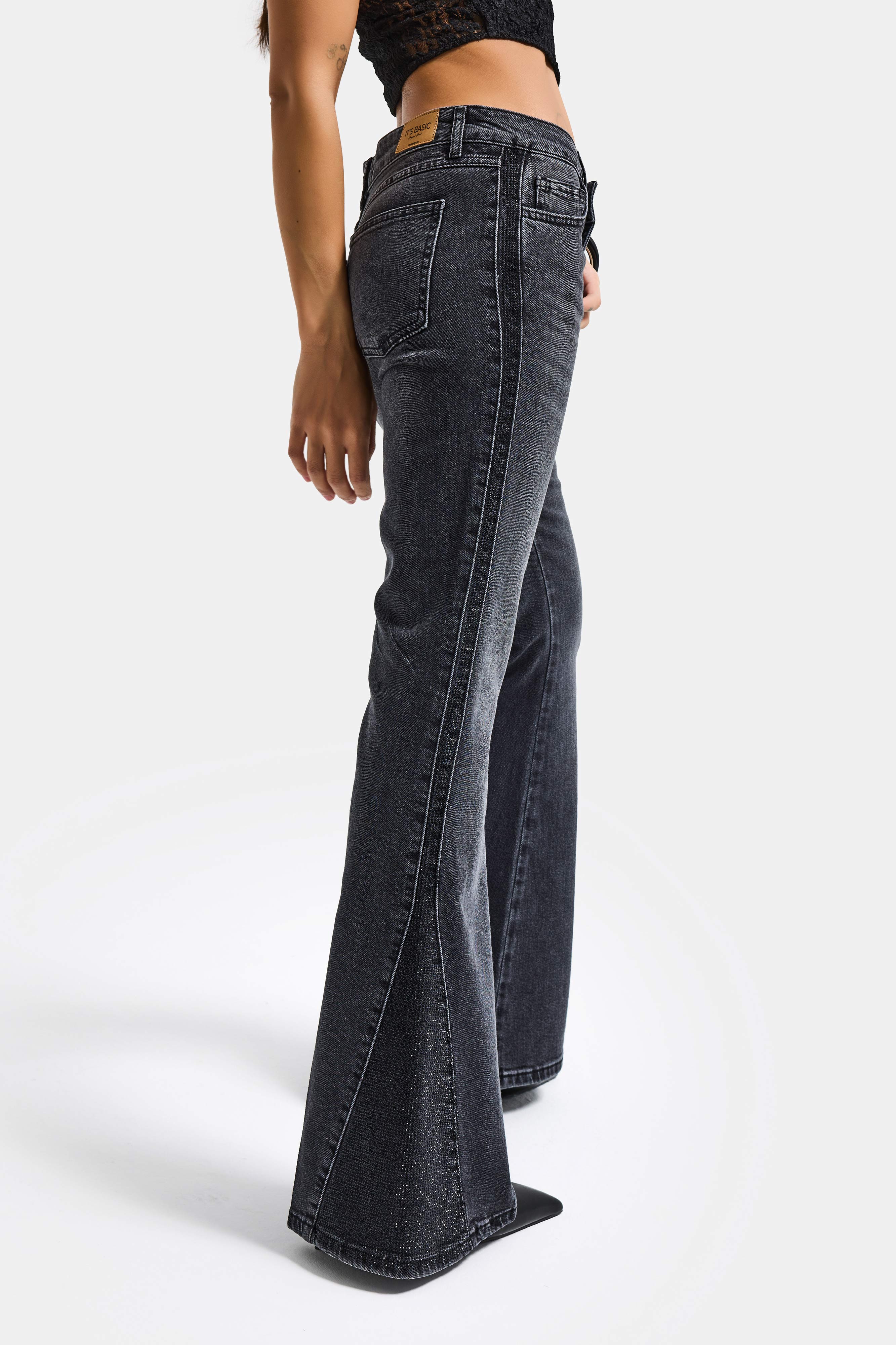 Kadın Koyu Füme T-2s6-1 Flare Fit Paçası Parlak Taşlı Özel Tasarım Denim Jean