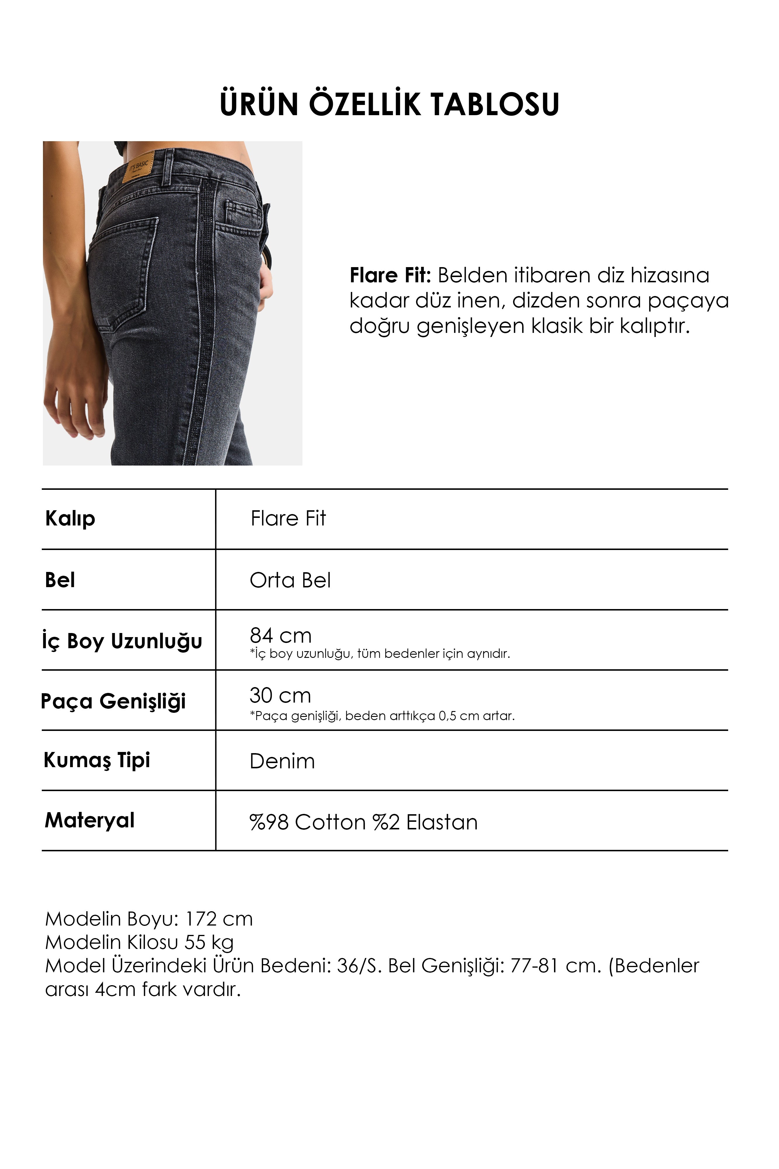 Kadın Koyu Füme T-2s6-1 Flare Fit Paçası Parlak Taşlı Özel Tasarım Denim Jean