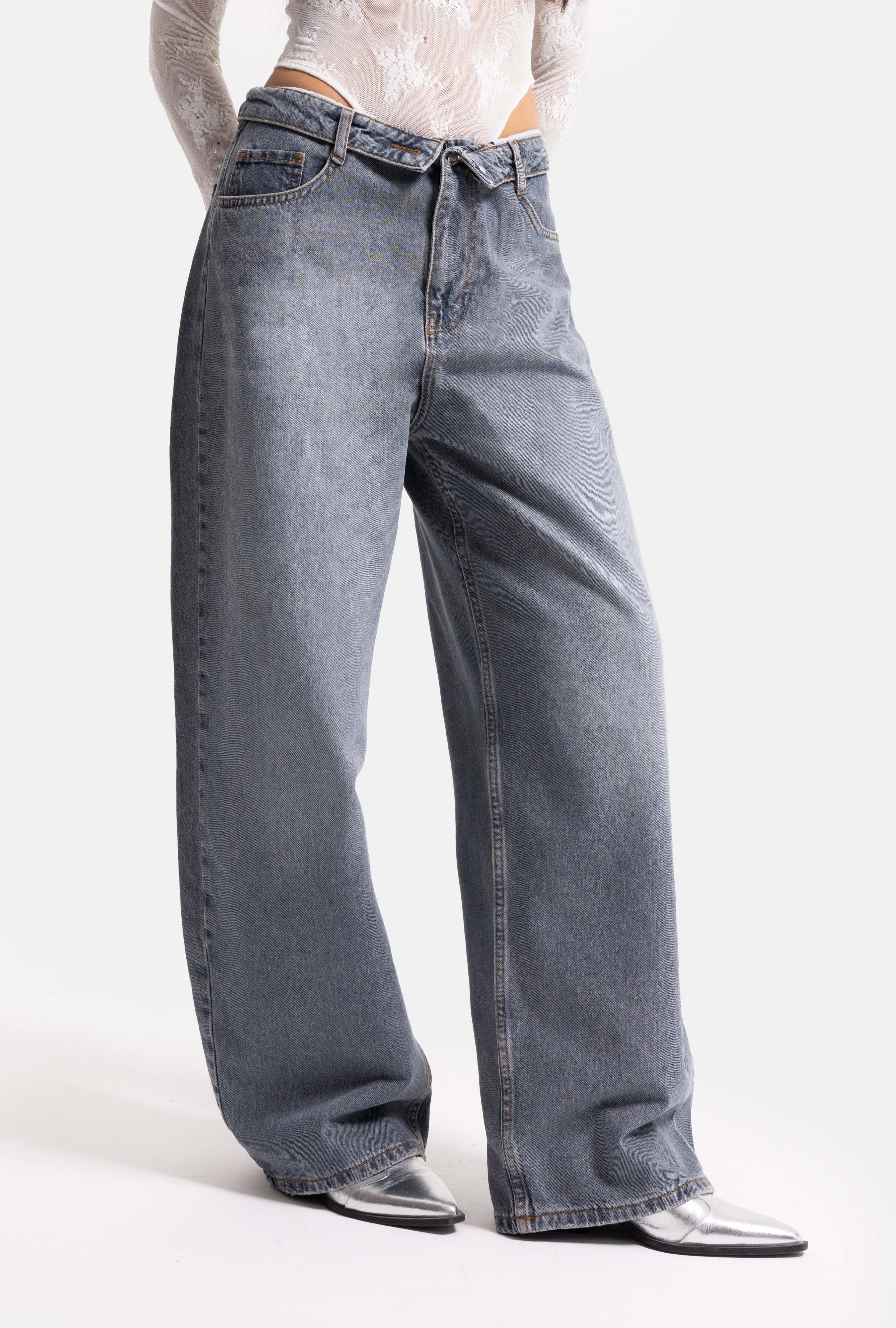 Kadın Koyu Gri 2w6-125 Straight Fit Kemer Detaylı Denim Jean