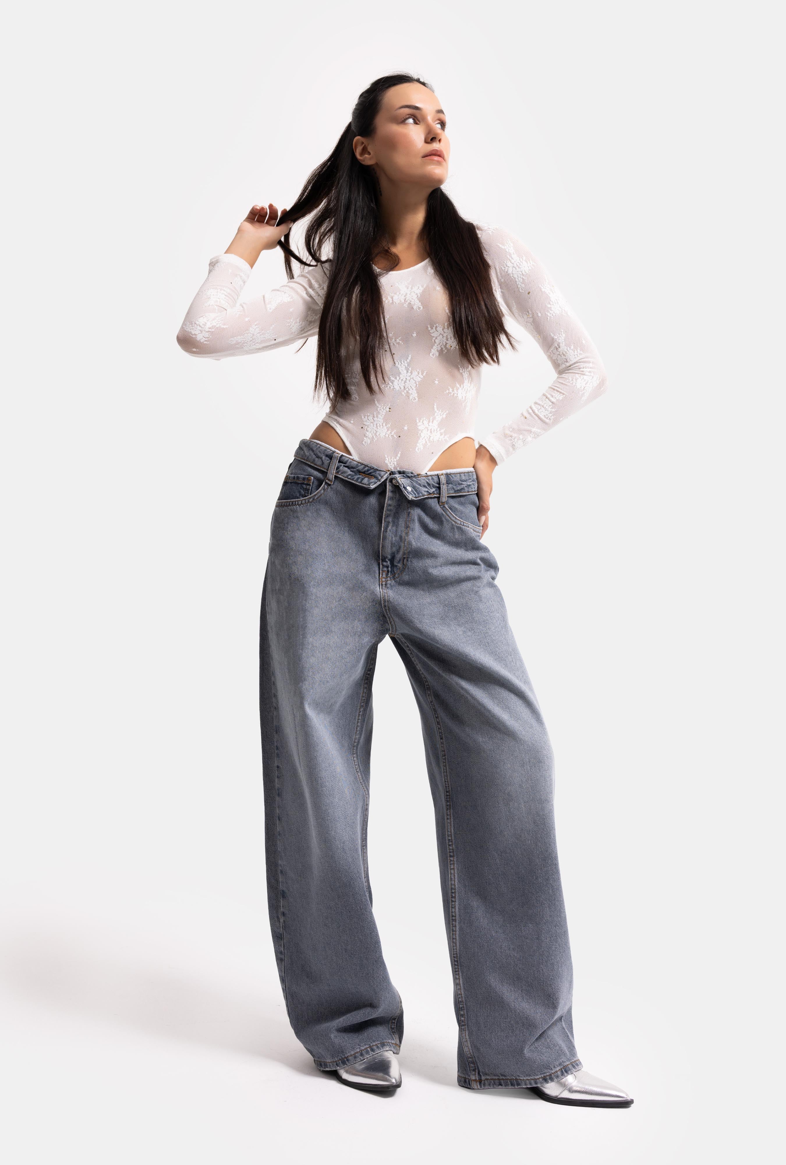 Kadın Koyu Gri 2w6-125 Straight Fit Kemer Detaylı Denim Jean