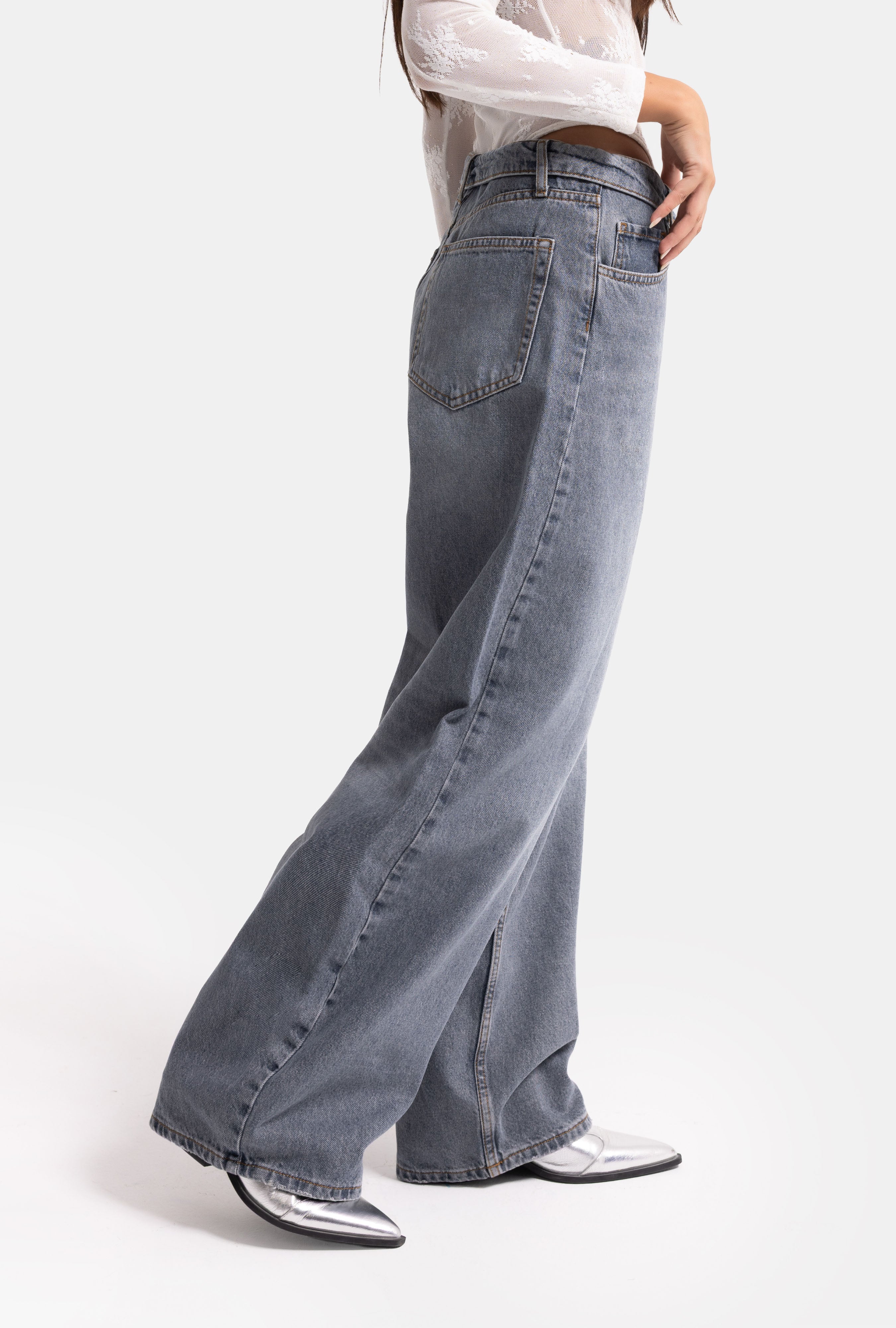 Kadın Koyu Gri 2w6-125 Straight Fit Kemer Detaylı Denim Jean