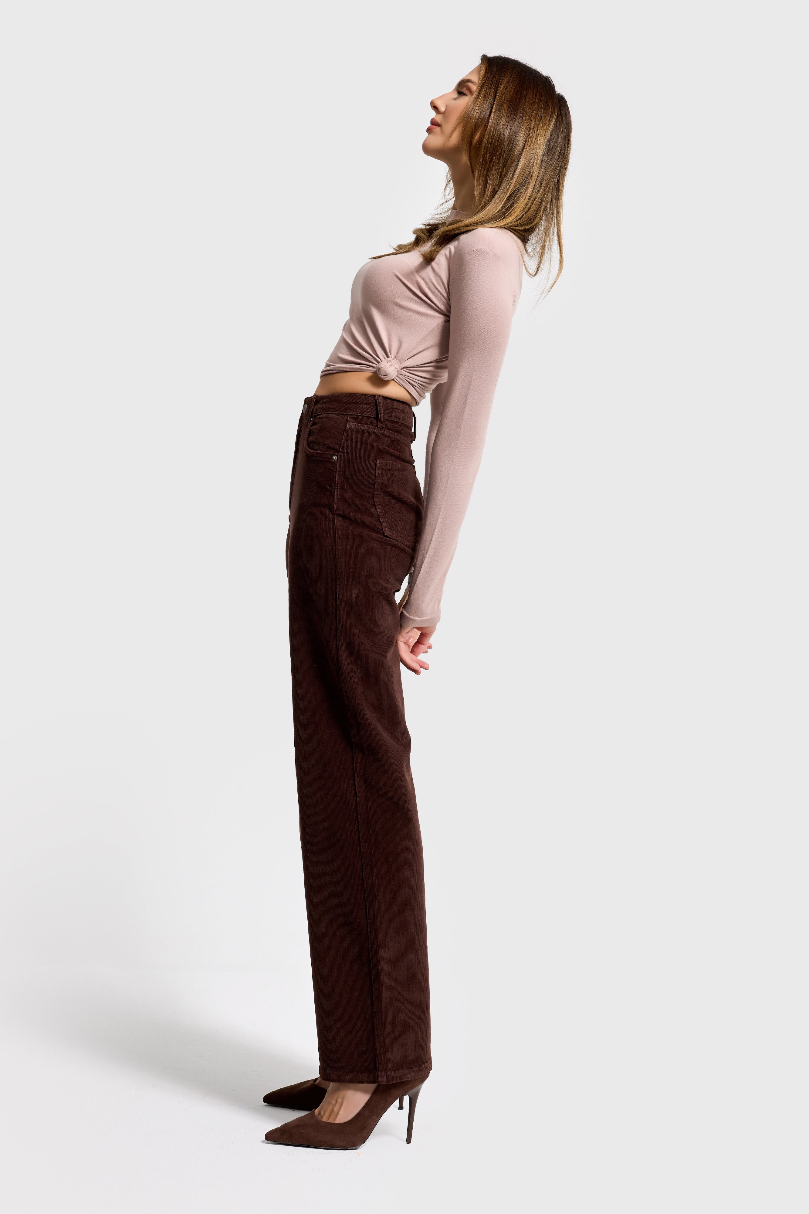 Kadın Koyu Kahve 29w5-16 Straight Cropped Fit Elastan Velvet Kadife Kumaş Pantolon