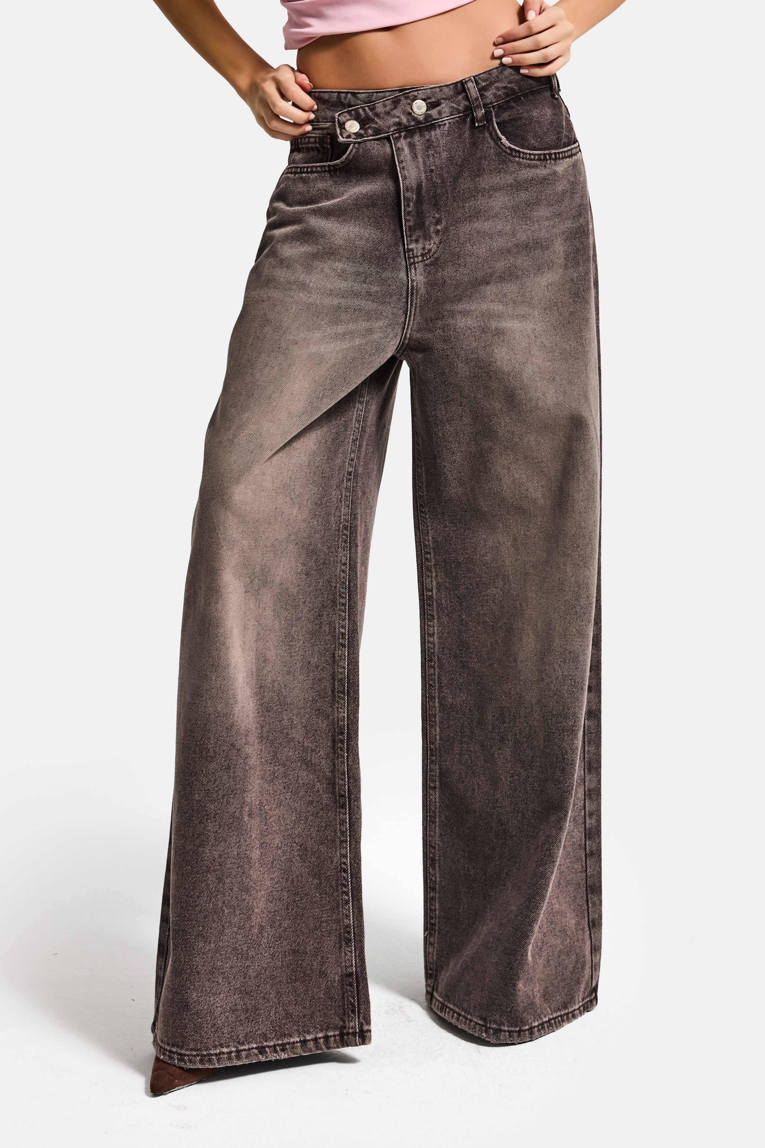 Kadın Koyu Kahve 4s6-16 Mega Baggy Fit Kemer Detaylı Bol Kesim Denim Jean