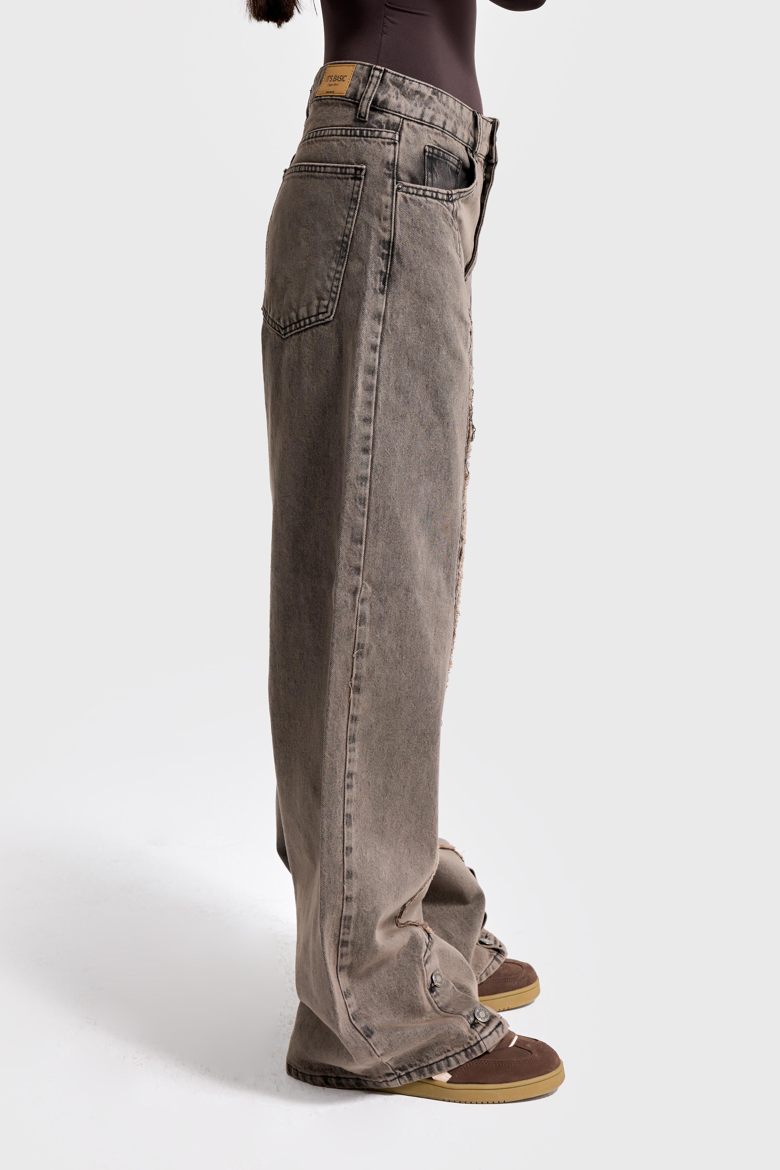 Kadın Koyu Kahve Kot 3w5-70 Süper Baggy Fit Paça Detaylı Özel Tasarım Denim Jean