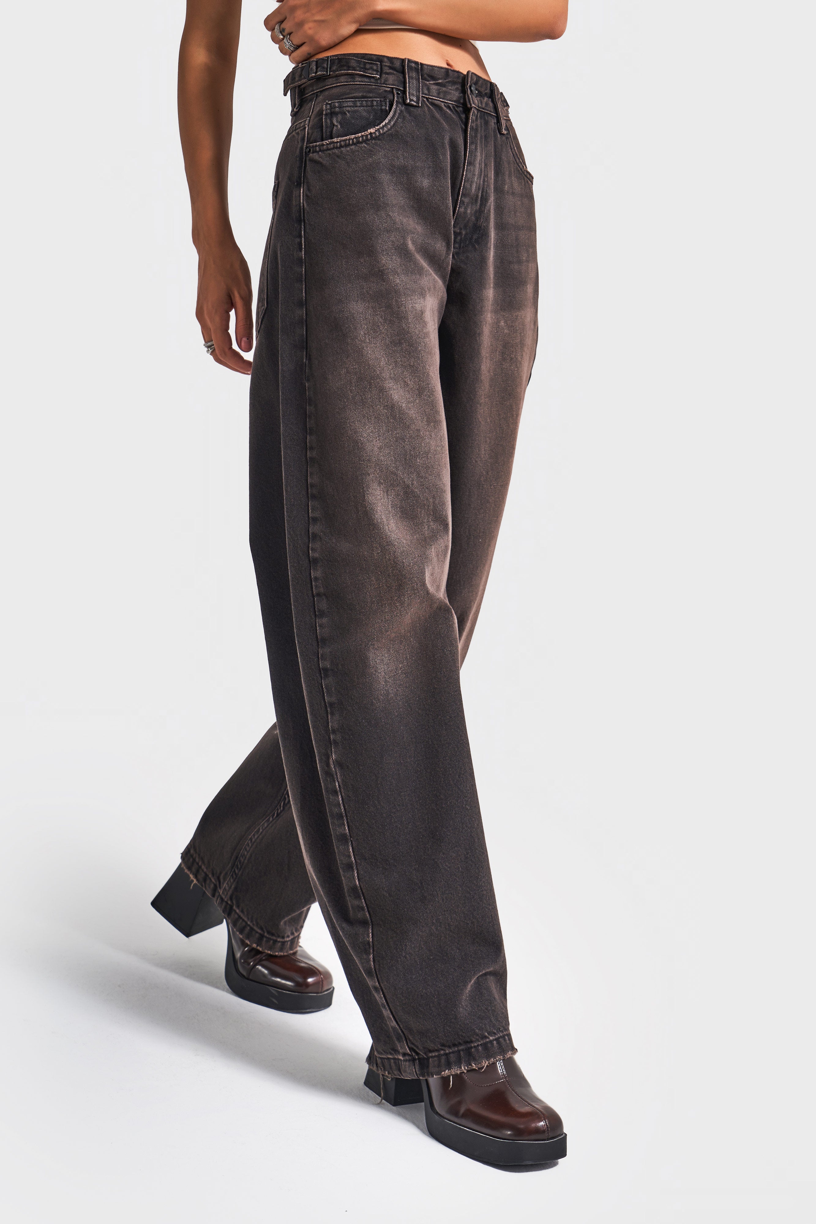 Kadın Koyu Kahve Kot Rengi Lotus 2w5-62 Süper Baggy Fit %100 Koton Denim Jean