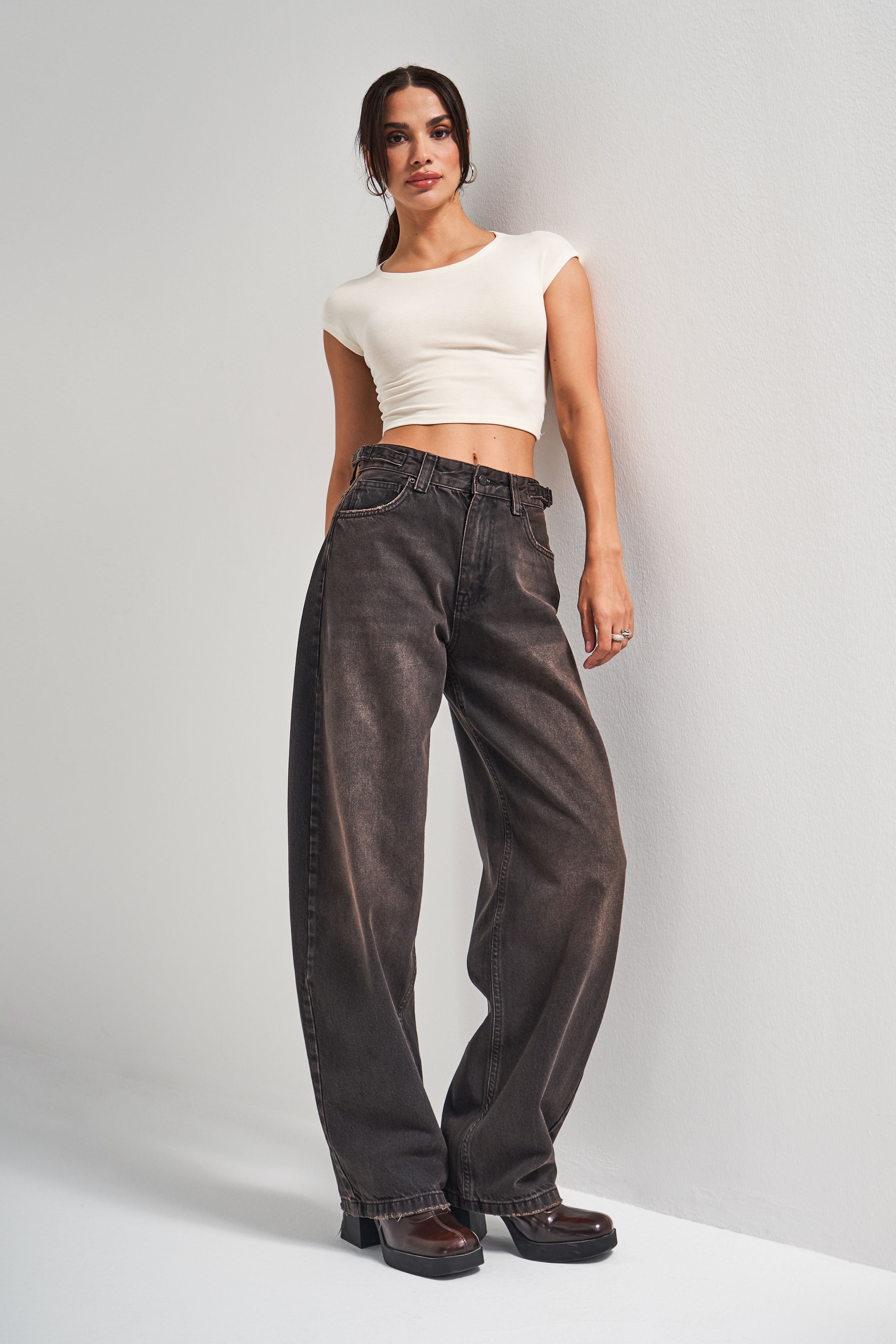 Kadın Koyu Kahve Kot Rengi Lotus 2w5-62 Süper Baggy Fit %100 Koton Denim Jean