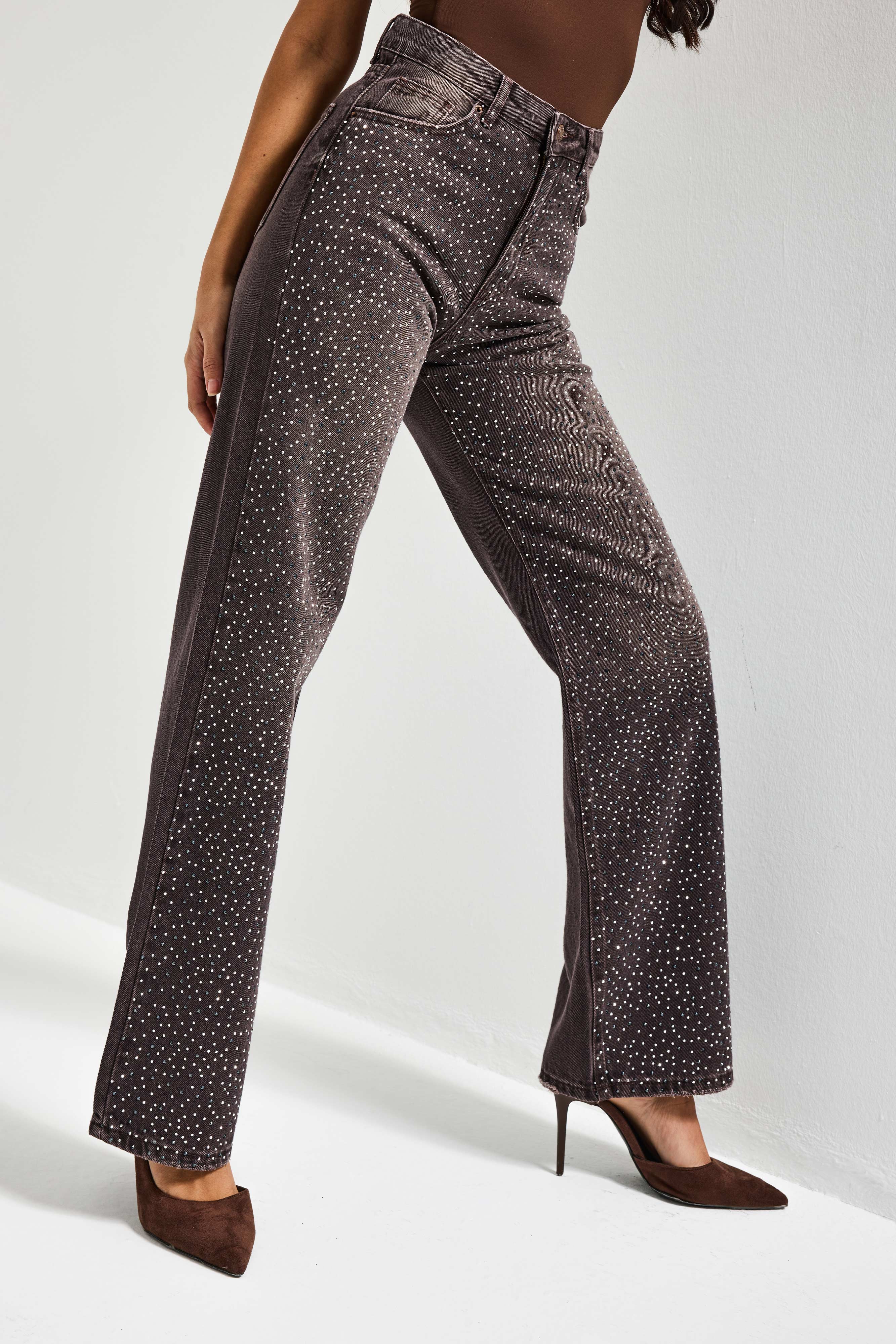 Kadın Koyu Kahve T-2s6-16 Straight Fit Parlak Taşlı Yüksek Bel Özel Tasarım Denim Jean