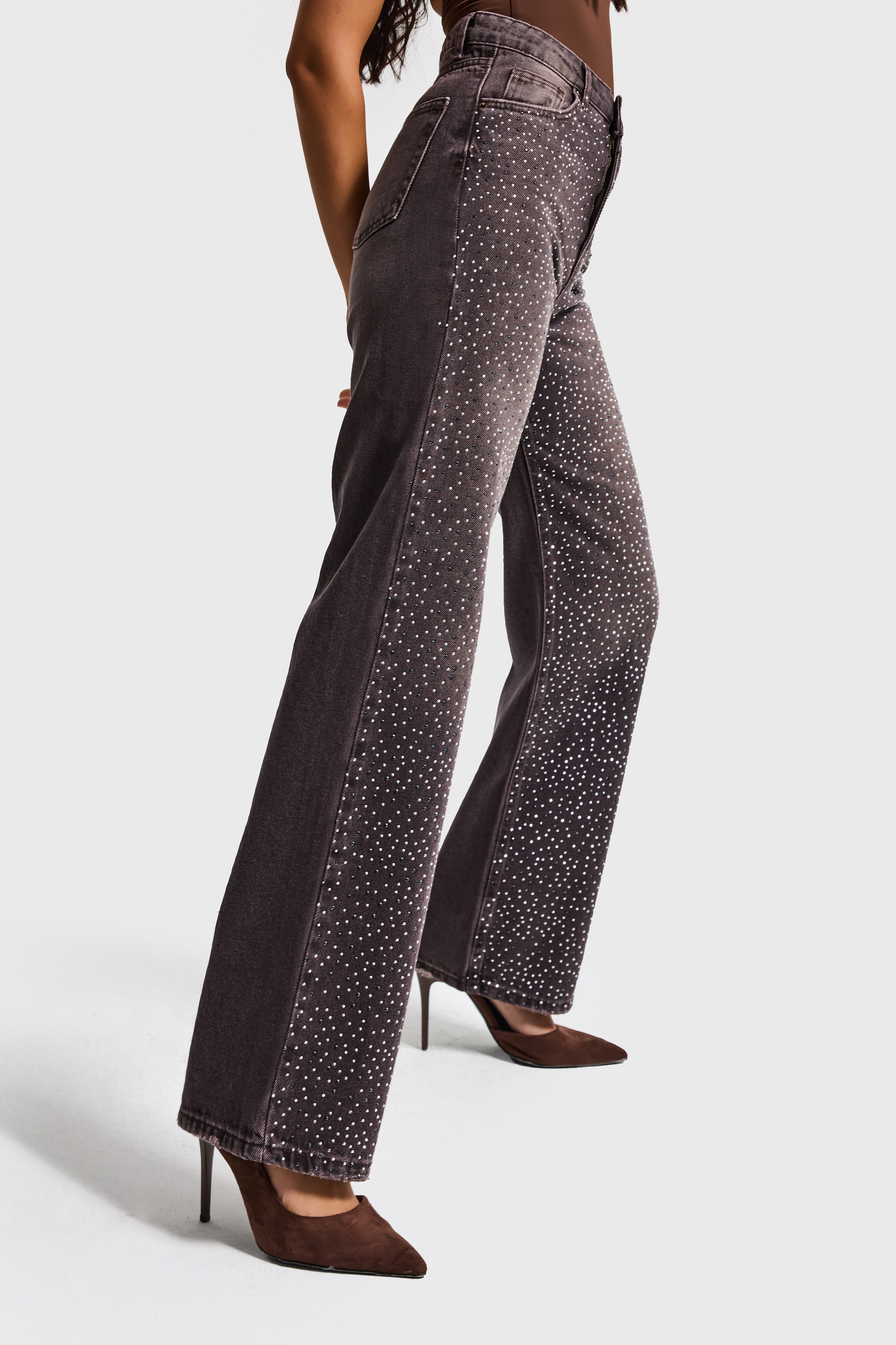 Kadın Koyu Kahve T-2s6-16 Straight Fit Parlak Taşlı Yüksek Bel Özel Tasarım Denim Jean