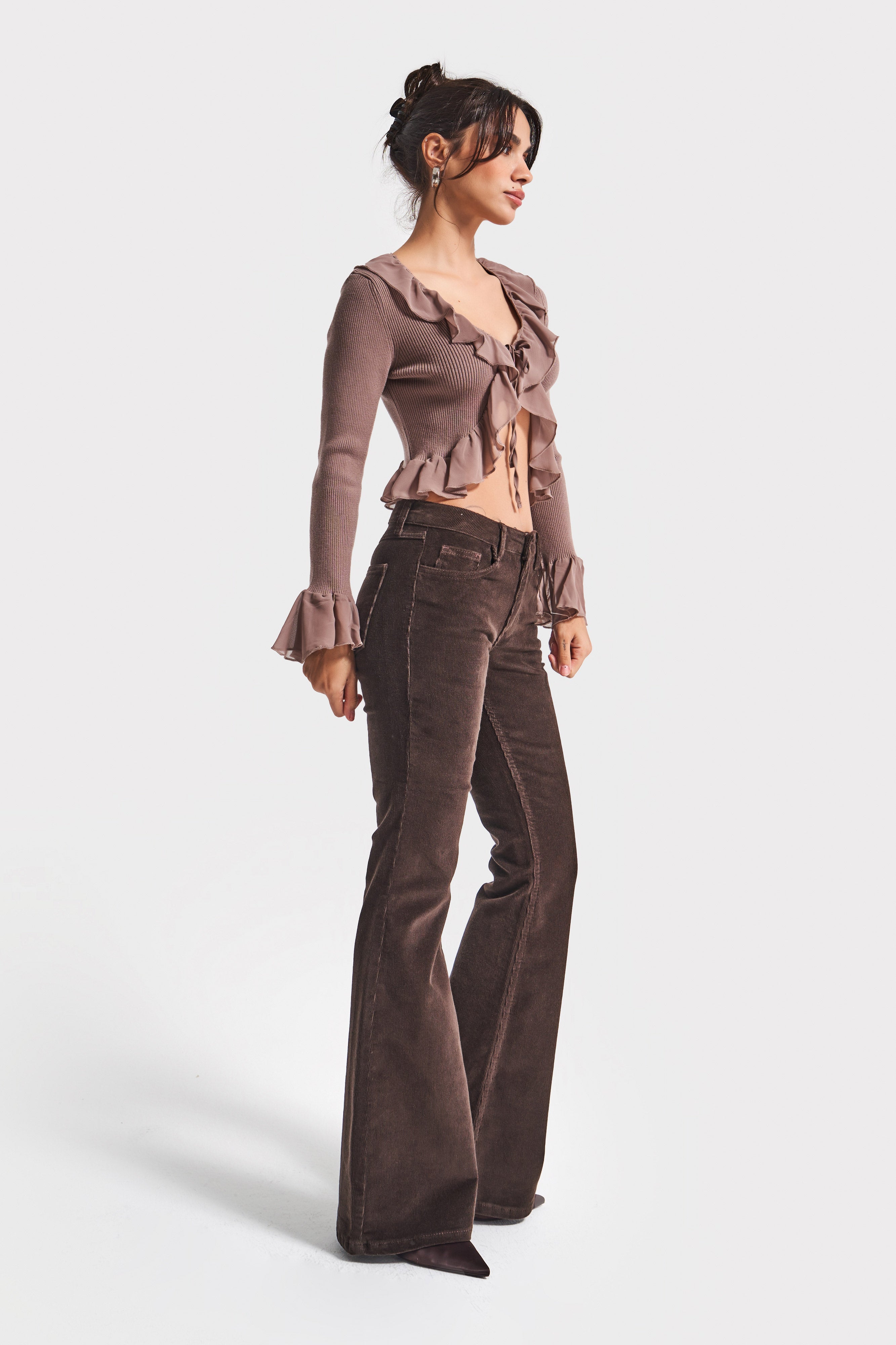 Kadın Koyu Kahverengi 26w5-136 Low Waist Flare Fit İnce Fitilli Velvet Kadife Kumaş Pantolon