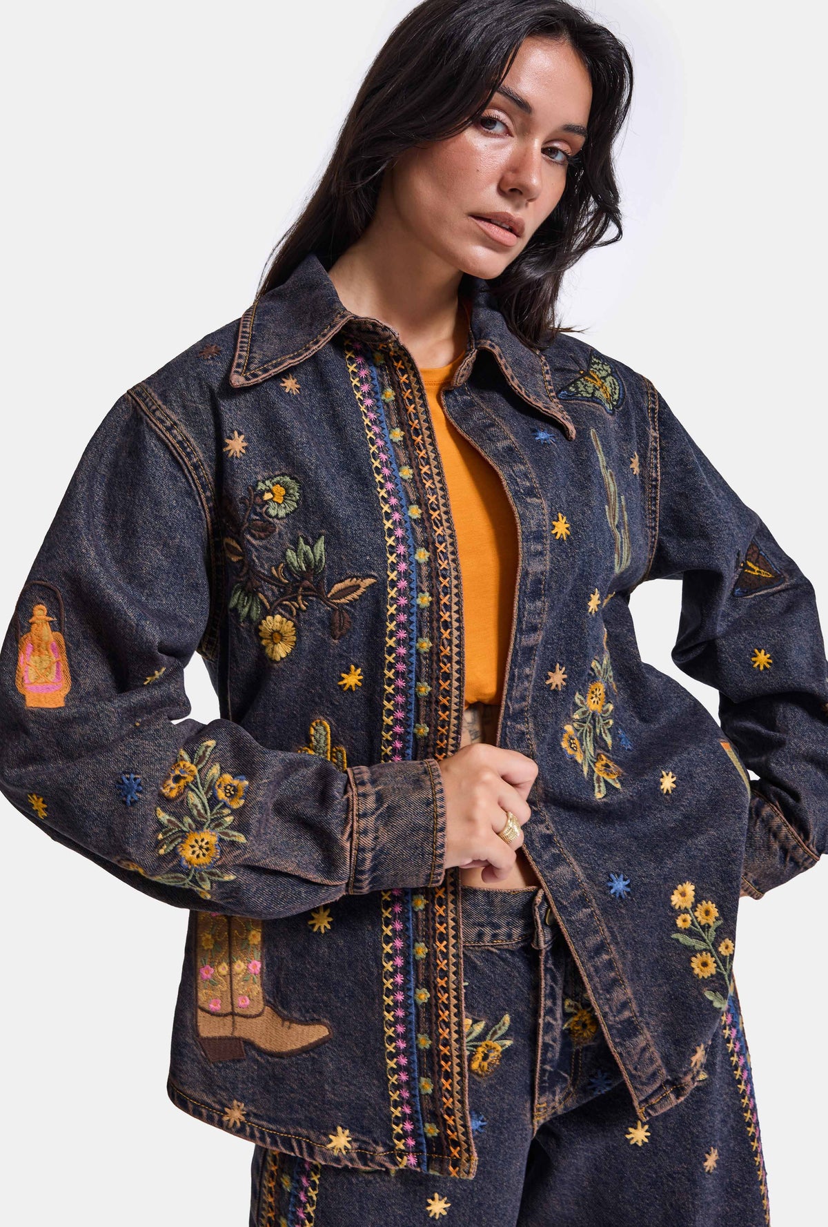 Kadın Koyu Kot 1w6-10 Oversize Özel Nakış Desen Tasarım Denim Ceket