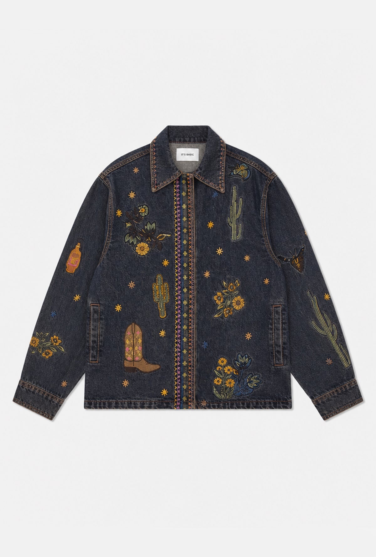 Kadın Koyu Kot 1w6-10 Oversize Özel Nakış Desen Tasarım Denim Ceket