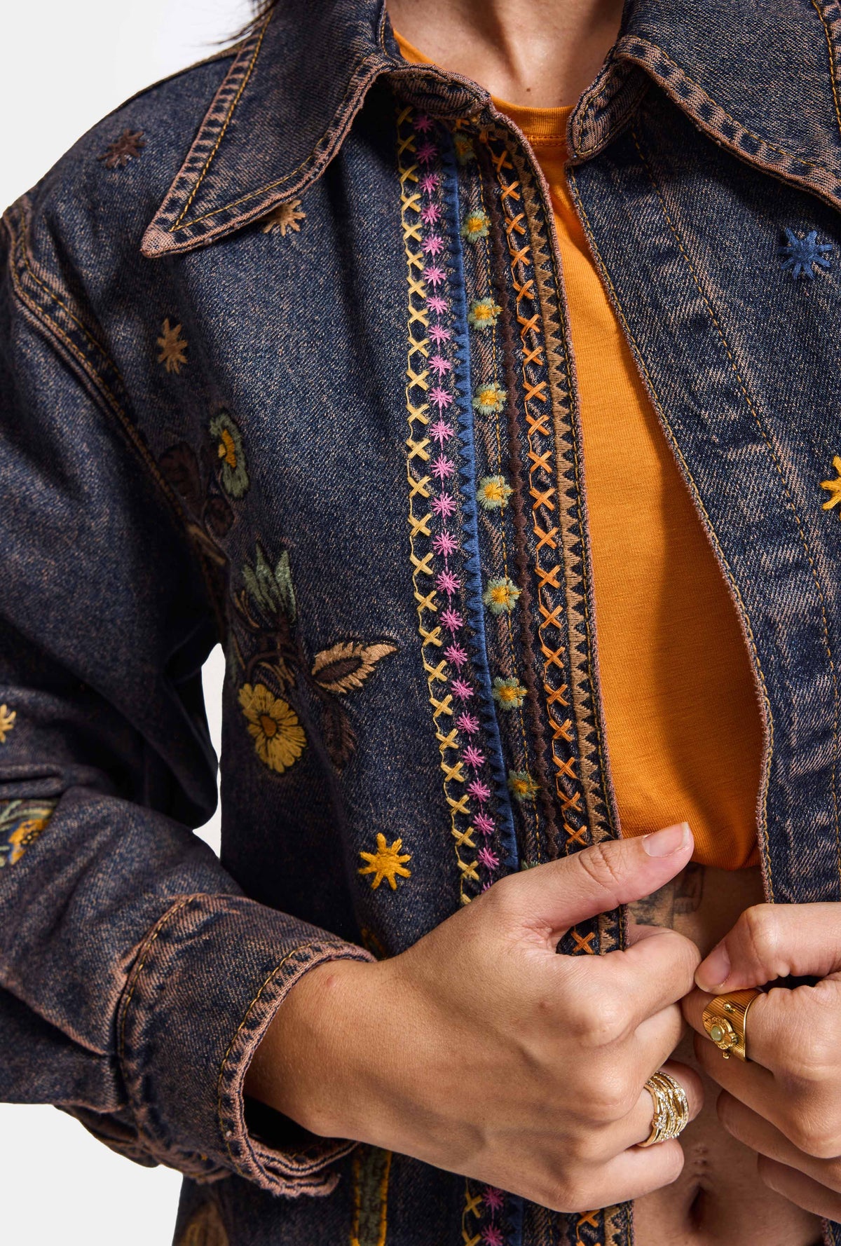 Kadın Koyu Kot 1w6-10 Oversize Özel Nakış Desen Tasarım Denim Ceket