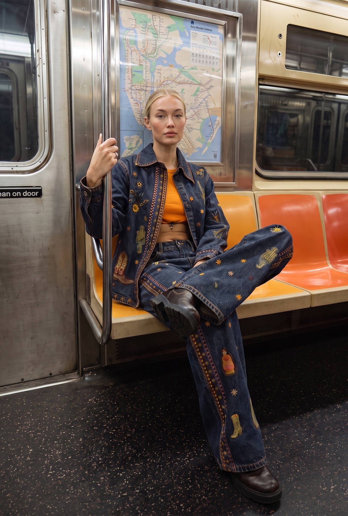 Kadın Koyu Kot 1w6-10 Oversize Özel Nakış Desen Tasarım Denim Ceket