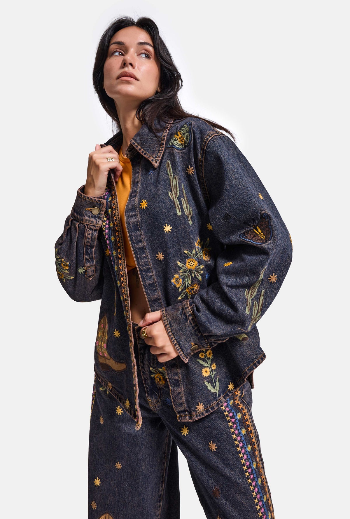 Kadın Koyu Kot 1w6-10 Oversize Özel Nakış Desen Tasarım Denim Ceket