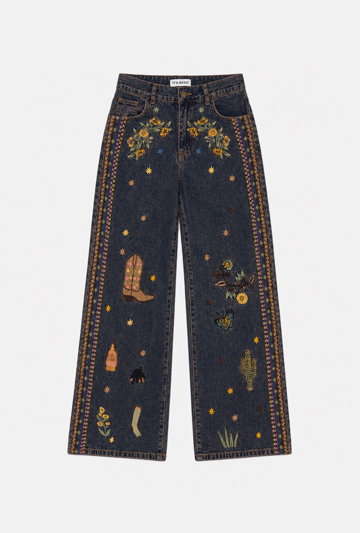 Kadın Koyu Kot 1w6-10 Palazzo Fit Özel Nakış Desen Tasarım Denim Jean