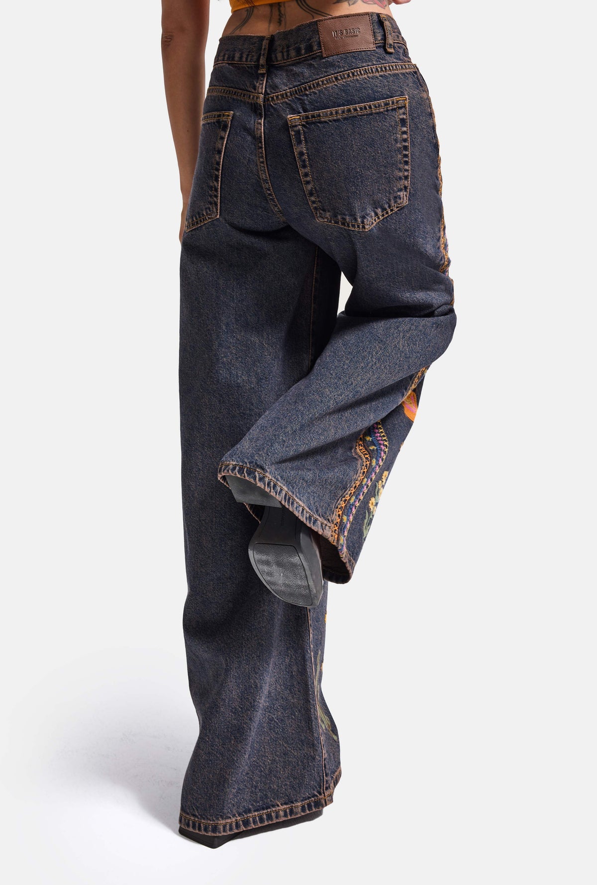 Kadın Koyu Kot 1w6-10 Palazzo Fit Özel Nakış Desen Tasarım Denim Jean