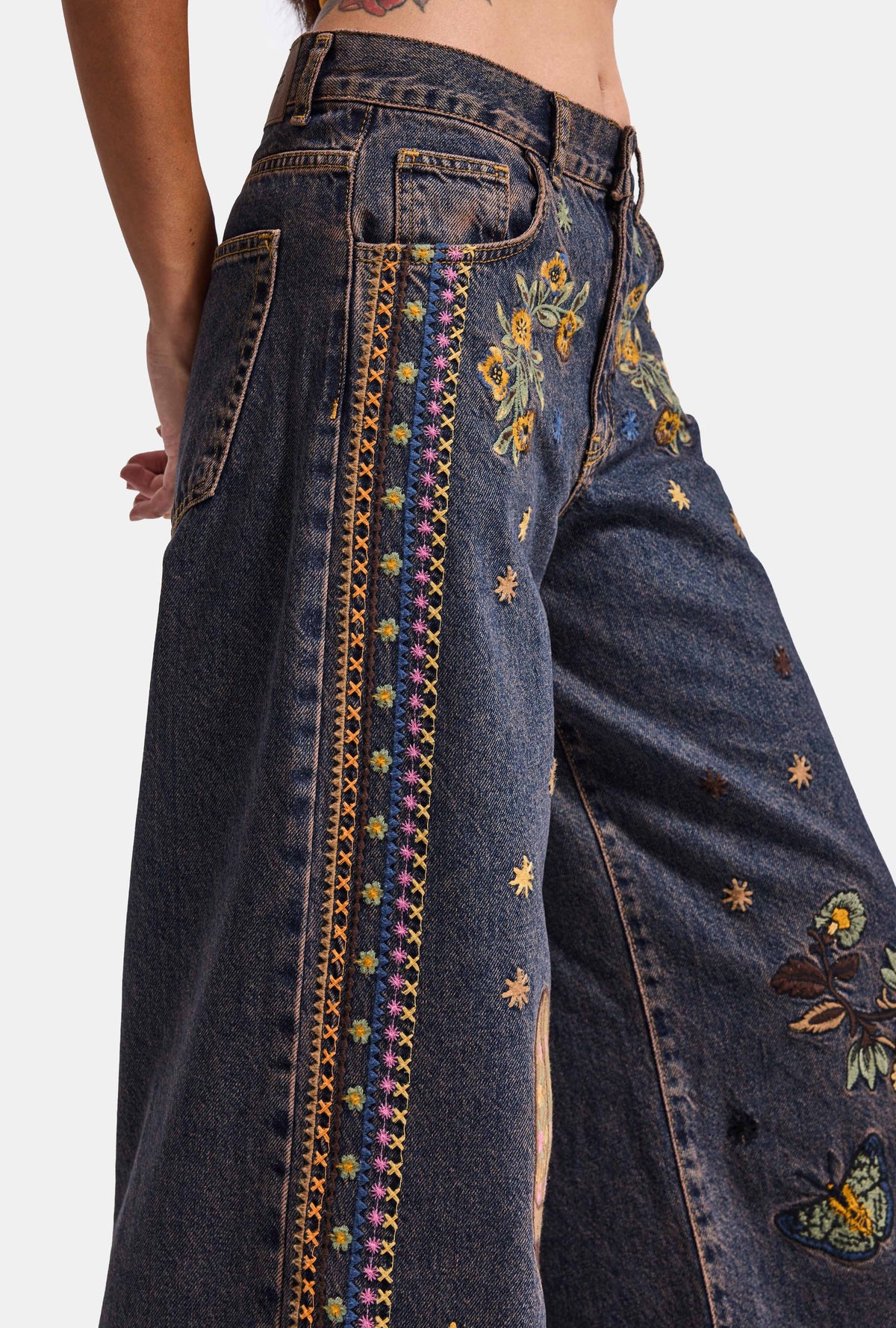 Kadın Koyu Kot 1w6-10 Palazzo Fit Özel Nakış Desen Tasarım Denim Jean