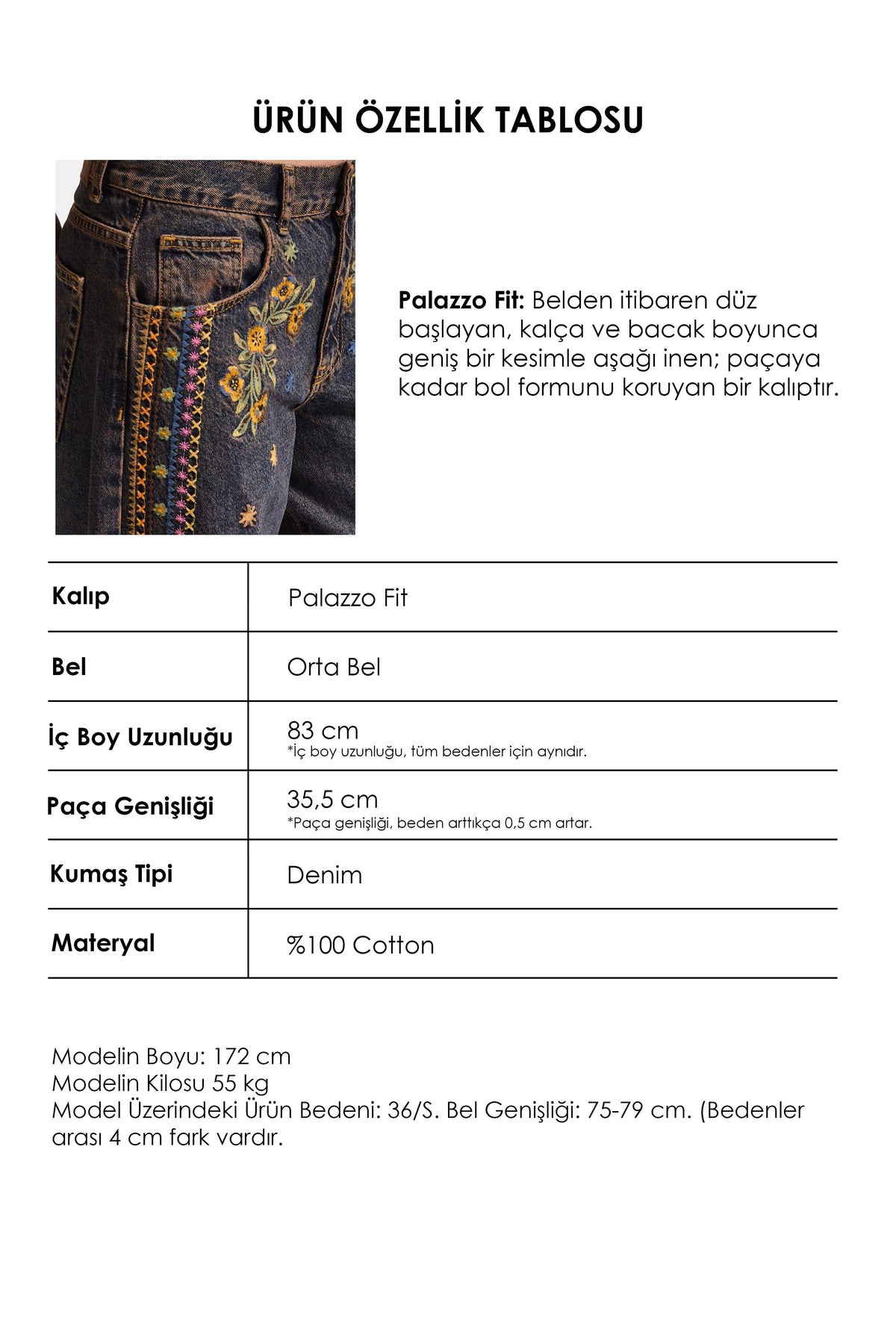 Kadın Koyu Kot 1w6-10 Palazzo Fit Özel Nakış Desen Tasarım Denim Jean