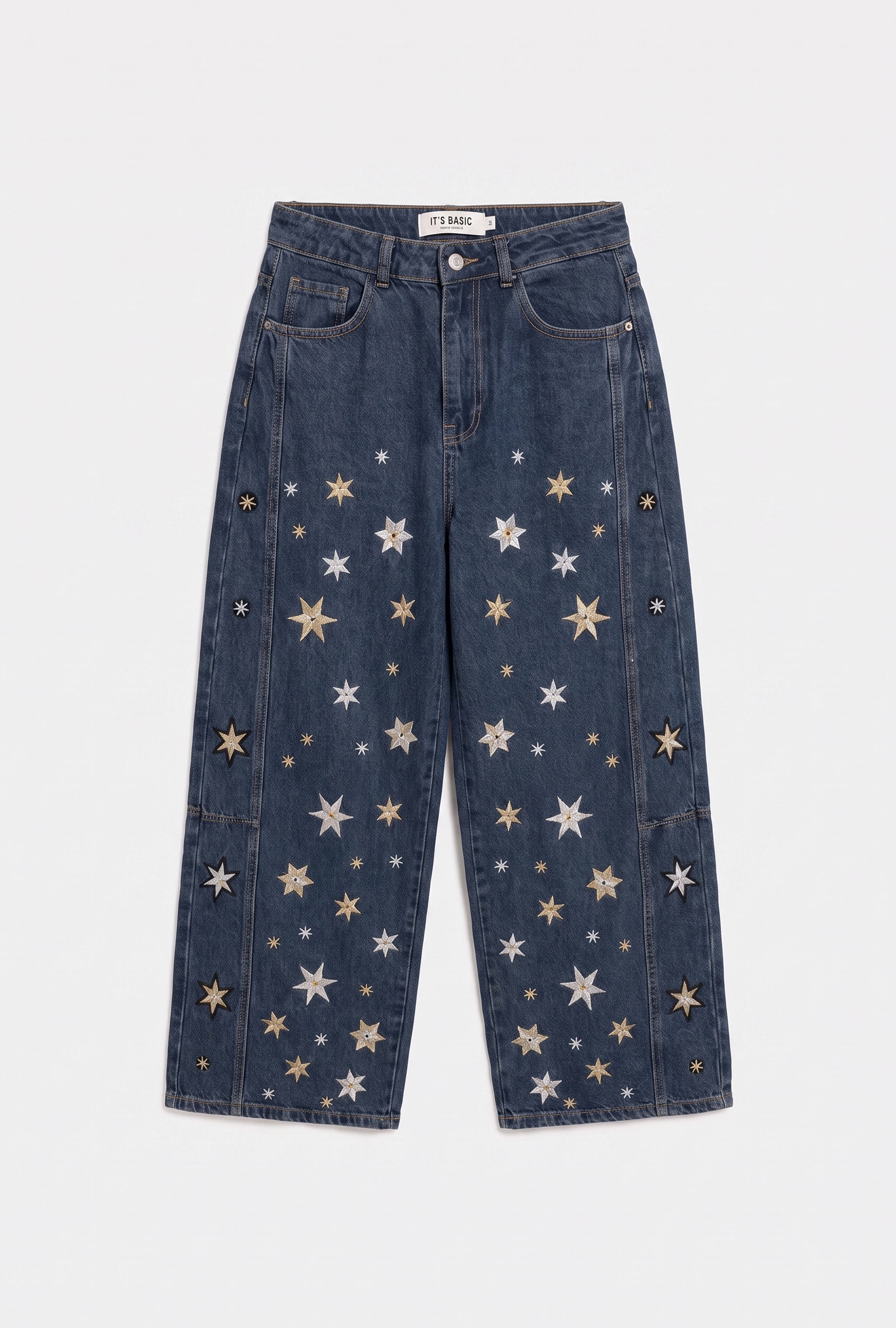 Kadın Koyu Kot 1w6-8 Mega Baggy Yıldız Nakış Detaylı Özel Tasarım Denim Jean